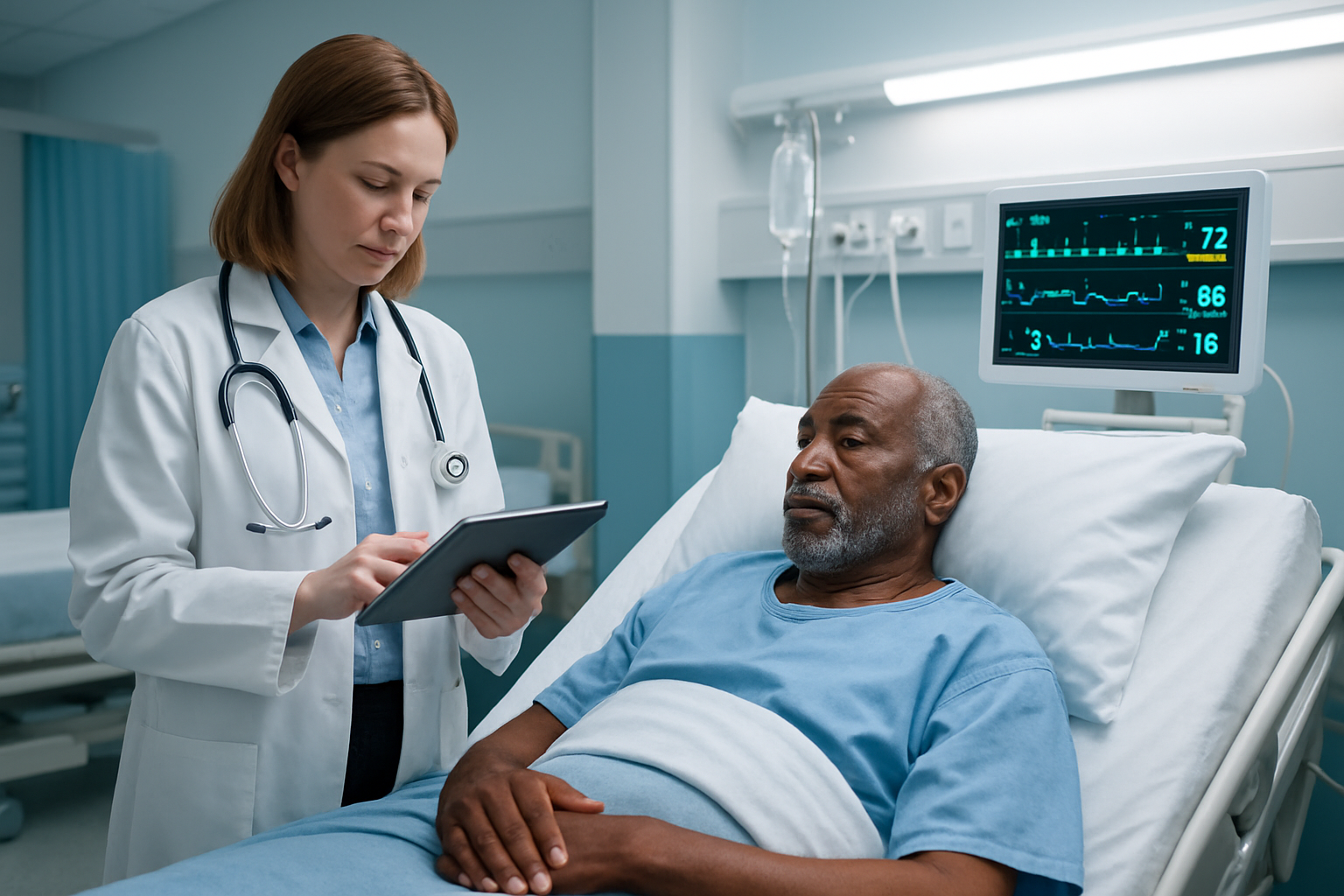Create a realistic image of a modern hospital ward where a white female doctor in a white coat is using a tablet device to review patient data while standing beside a hospital bed with an elderly black male patient, with advanced medical monitoring equipment displaying digital health metrics in the background, bright clinical lighting, clean and sterile environment with blue and white color scheme, conveying a sense of efficient and technology-enhanced healthcare delivery, absolutely NO text should be in the scene.