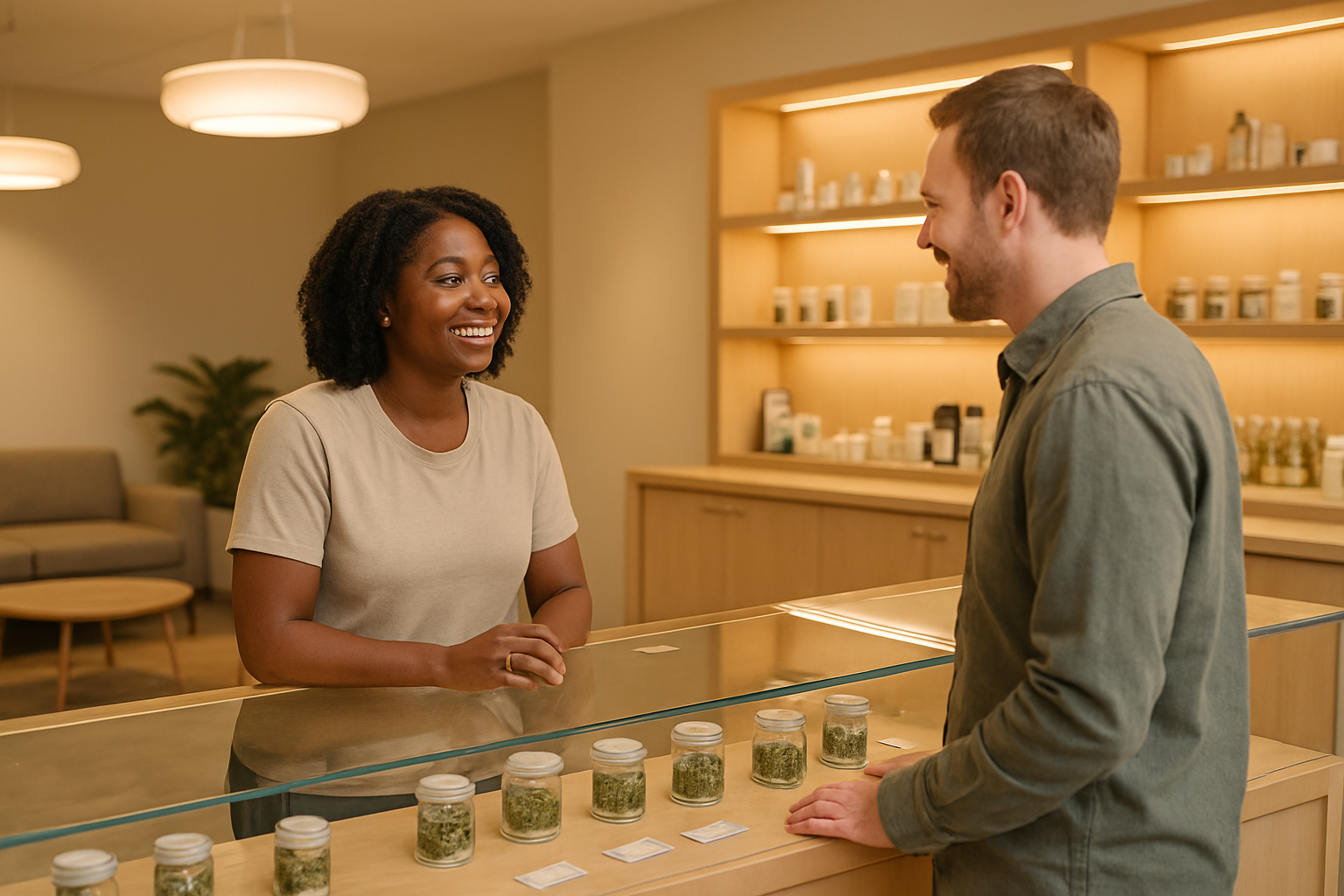 Create a realistic image of a welcoming cannabis dispensary interior with a friendly black female budtender behind a clean glass display counter speaking warmly with a white male customer, the space features modern lighting with soft warm tones, comfortable seating area in the background, professional product displays, clean surfaces, and an overall inviting atmosphere that emphasizes comfort and safety, absolutely NO text should be in the scene.