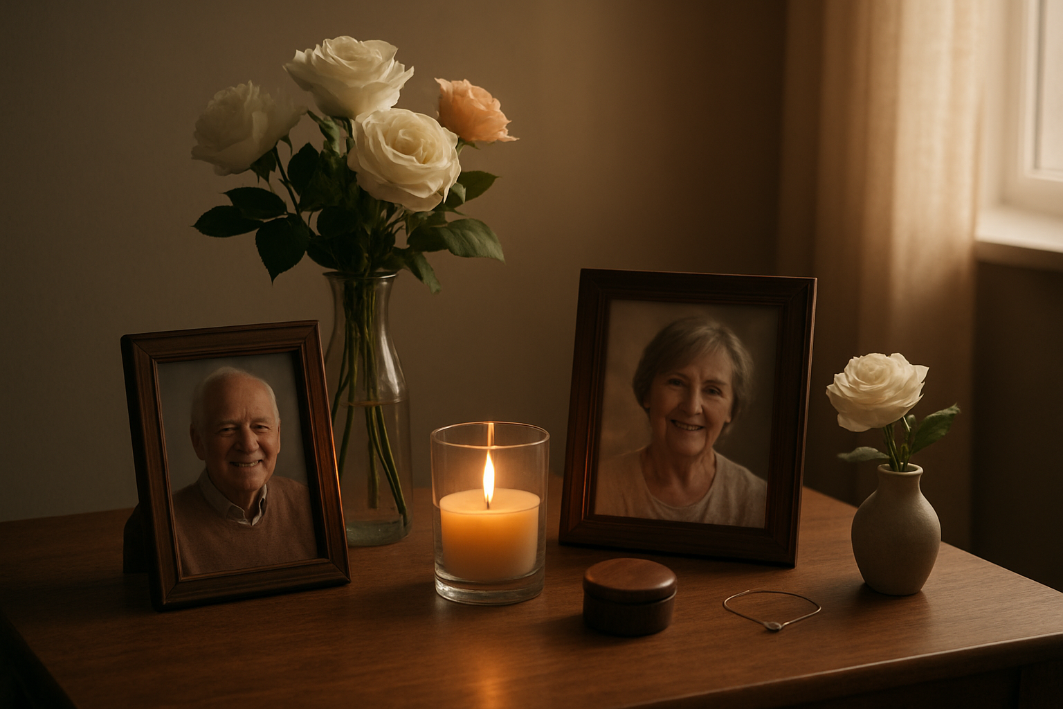 Create a realistic image of a peaceful memorial scene with a small table displaying personal mementos including framed photographs, a lit candle in a glass holder, fresh flowers in a simple vase, and a few meaningful keepsakes, set in a softly lit indoor space with warm, gentle lighting filtering through a nearby window, creating a serene and contemplative atmosphere that conveys love, remembrance, and honoring someone's memory, with soft shadows and a calm, respectful mood throughout the scene, absolutely NO text should be in the scene.
