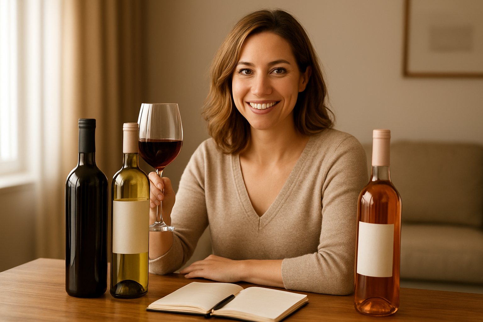 Create a realistic image of a confident white female in her 30s sitting at an elegant wooden table with a warm smile, holding a glass of red wine while looking directly at the camera, surrounded by three different wine bottles (red, white, and rosé) arranged neatly on the table alongside a small wine journal and pen, with soft warm lighting from a nearby window creating a cozy and welcoming atmosphere in a modern home setting, conveying a sense of accomplishment and enjoyment in wine discovery, absolutely NO text should be in the scene.