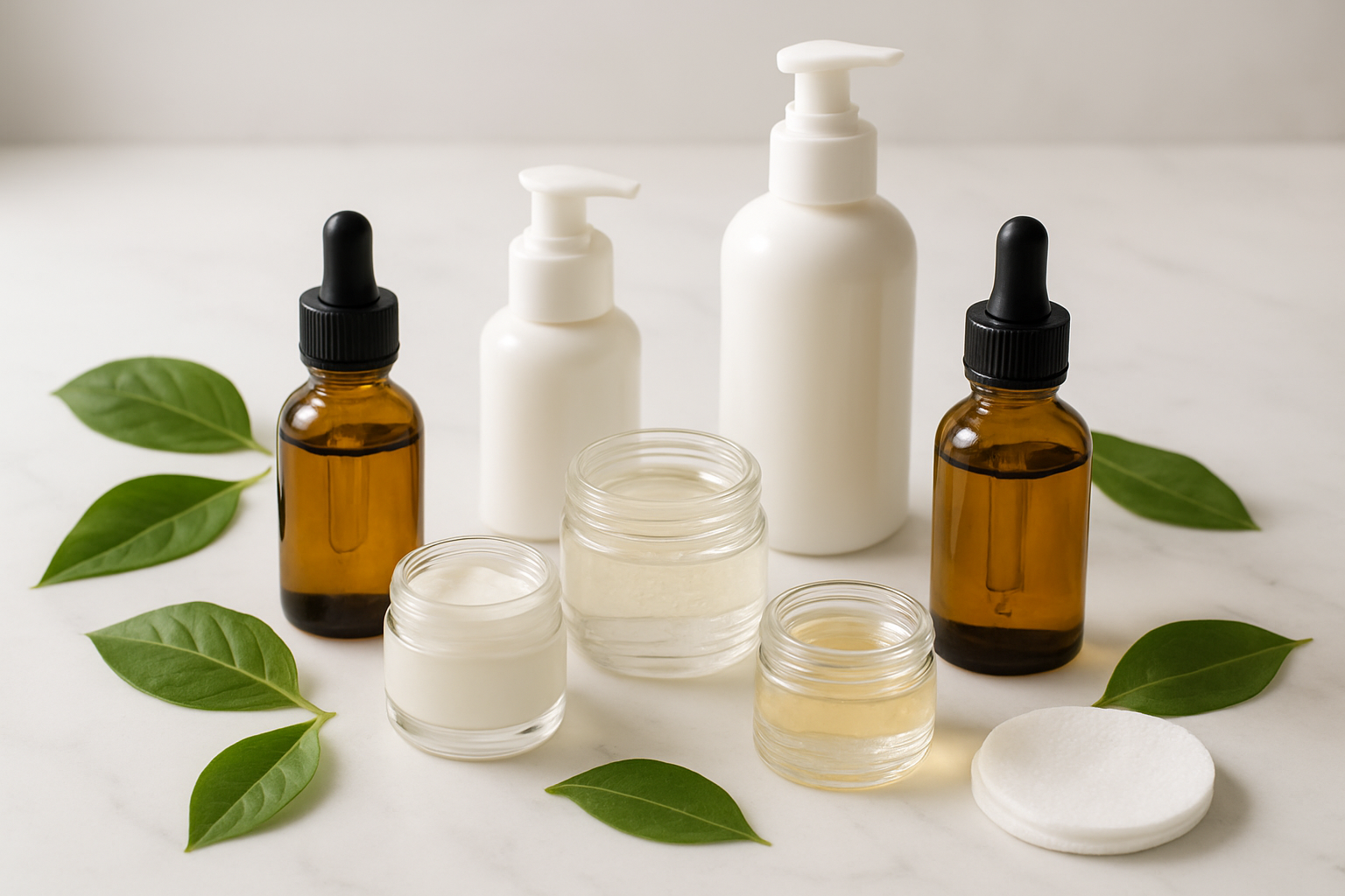 Create a realistic image of various skincare ingredient bottles and containers arranged on a clean white marble surface, featuring amber glass dropper bottles with serums, white pump bottles with creams, and small glass jars with treatments, each containing visible skincare ingredients like retinol, vitamin C, niacinamide, and hyaluronic acid solutions in clear to golden colored liquids, with soft natural lighting from above creating gentle shadows, surrounded by fresh green leaves and a few cotton pads, shot from a slightly elevated angle to showcase the professional skincare collection, with a minimalist spa-like atmosphere and bright, clean background. Absolutely NO text should be in the scene.