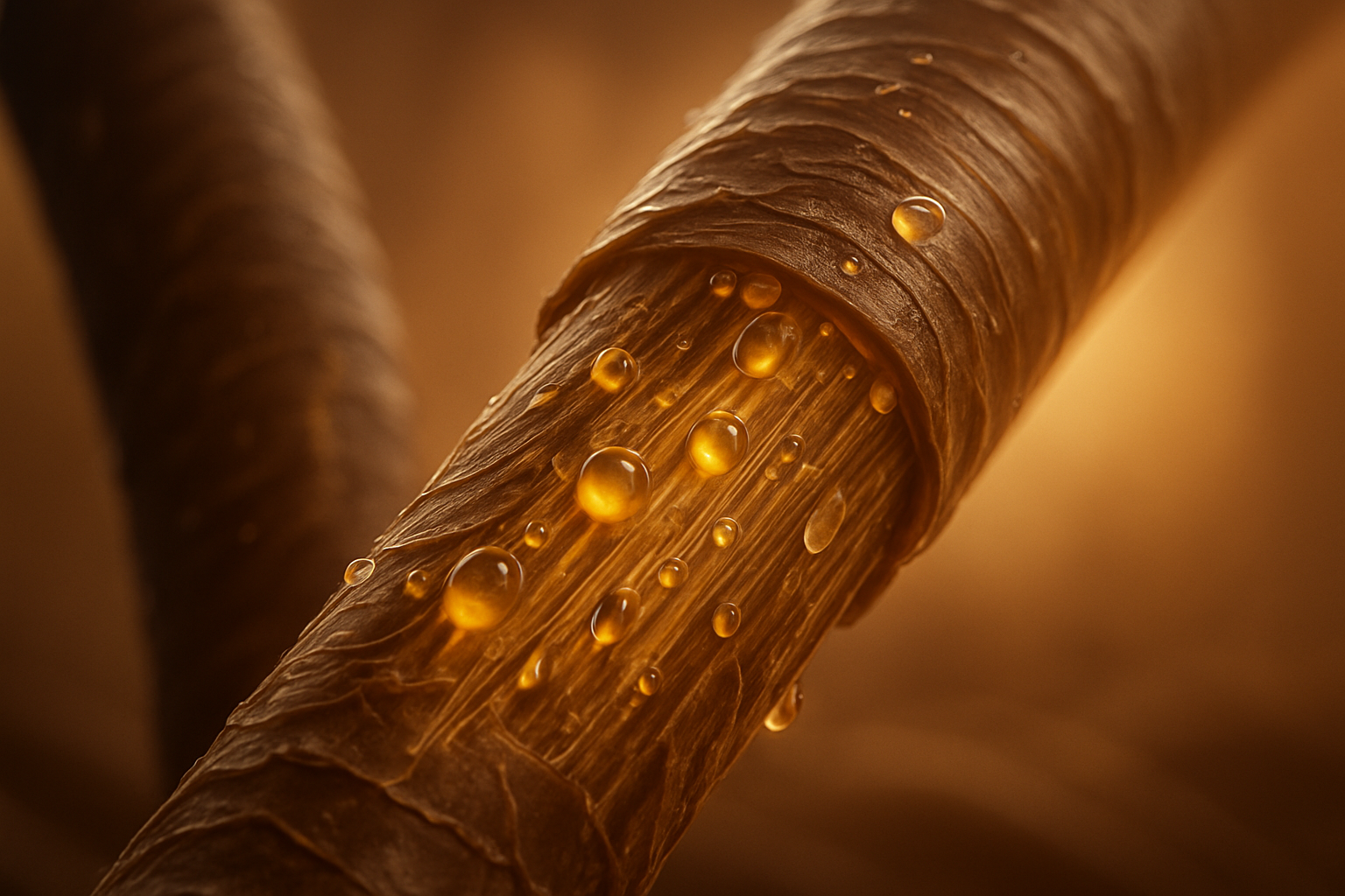 Create a realistic image of a close-up cross-section view of hair strands showing the internal structure with golden oil droplets penetrating deep into the hair shaft, damaged cuticles being repaired and smoothed, microscopic view revealing the hair cortex absorbing moisture, warm amber lighting highlighting the transformation process, scientific and clinical atmosphere with soft focus background, hair appears healthier and more lustrous after oil treatment, absolutely NO text should be in the scene.