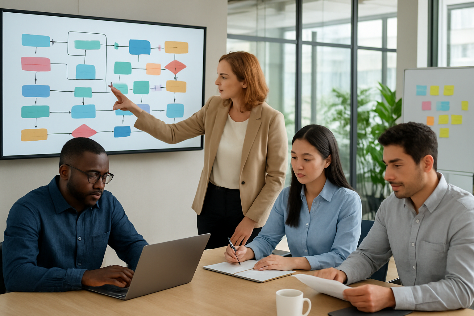 Create a realistic image of a diverse team of professionals collaborating around a modern conference table, featuring a white female team leader pointing at a large wall-mounted digital dashboard displaying colorful workflow diagrams and automation flowcharts, with a black male developer working on a laptop, an Asian female project manager taking notes, and a Hispanic male analyst reviewing documents, all in a bright contemporary office space with glass walls, natural lighting from large windows, potted plants, and sticky notes on a whiteboard in the background, conveying a productive and collaborative atmosphere, absolutely NO text should be in the scene.