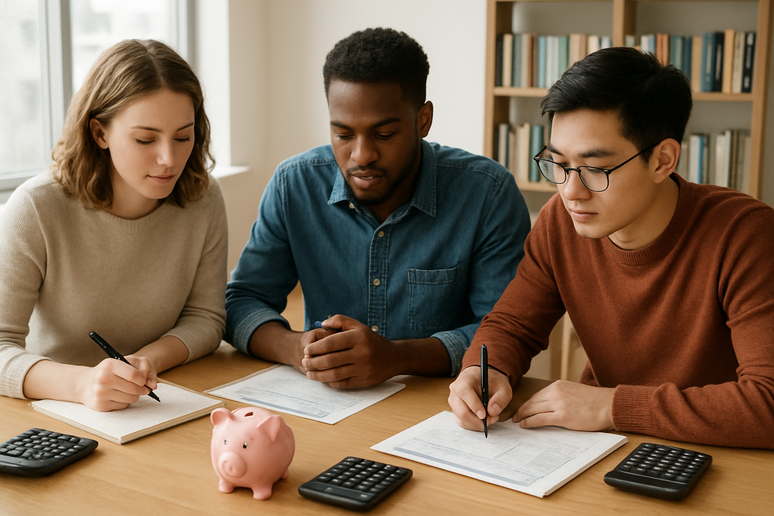 Create a realistic image of a diverse group of young adults sitting around a modern wooden table with financial planning materials including calculators, notebooks, budgeting worksheets, and piggy banks scattered across the surface, featuring a white female, black male, and Asian male all appearing focused and engaged in learning, set in a bright contemporary room with natural lighting from large windows, conveying a mood of empowerment and financial literacy, with bookshelves containing finance books visible in the soft-focused background, absolutely NO text should be in the scene.