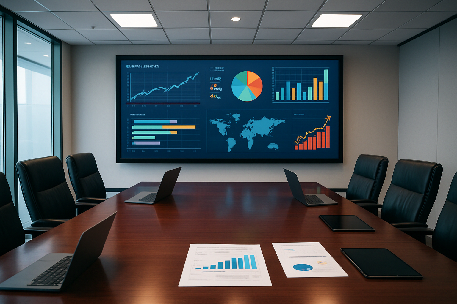 Create a realistic image of a modern corporate boardroom with a large wall-mounted dashboard displaying colorful analytics charts, graphs, and KPI metrics related to supply chain performance, featuring upward trending arrows and percentage indicators, with a polished conference table in the foreground containing laptops, tablets, and financial reports, illuminated by bright professional lighting, conveying a successful business atmosphere with clean modern office interior design. Absolutely NO text should be in the scene.
