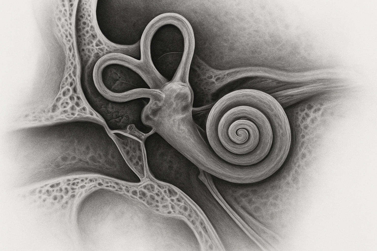 Create a realistic image of a detailed anatomical cross-section view of the human inner ear complex showing the cochlea, semicircular canals, vestibule, and auditory nerve structures in high-resolution medical imaging quality, with precise anatomical labeling visible on a clean white medical background, displayed as if viewed through HRCT scan imaging with clear contrast between bone and soft tissue structures, professional medical illustration style with accurate proportions and anatomical detail, soft clinical lighting that highlights the intricate structures of the temporal bone region, absolutely NO text should be in the scene.