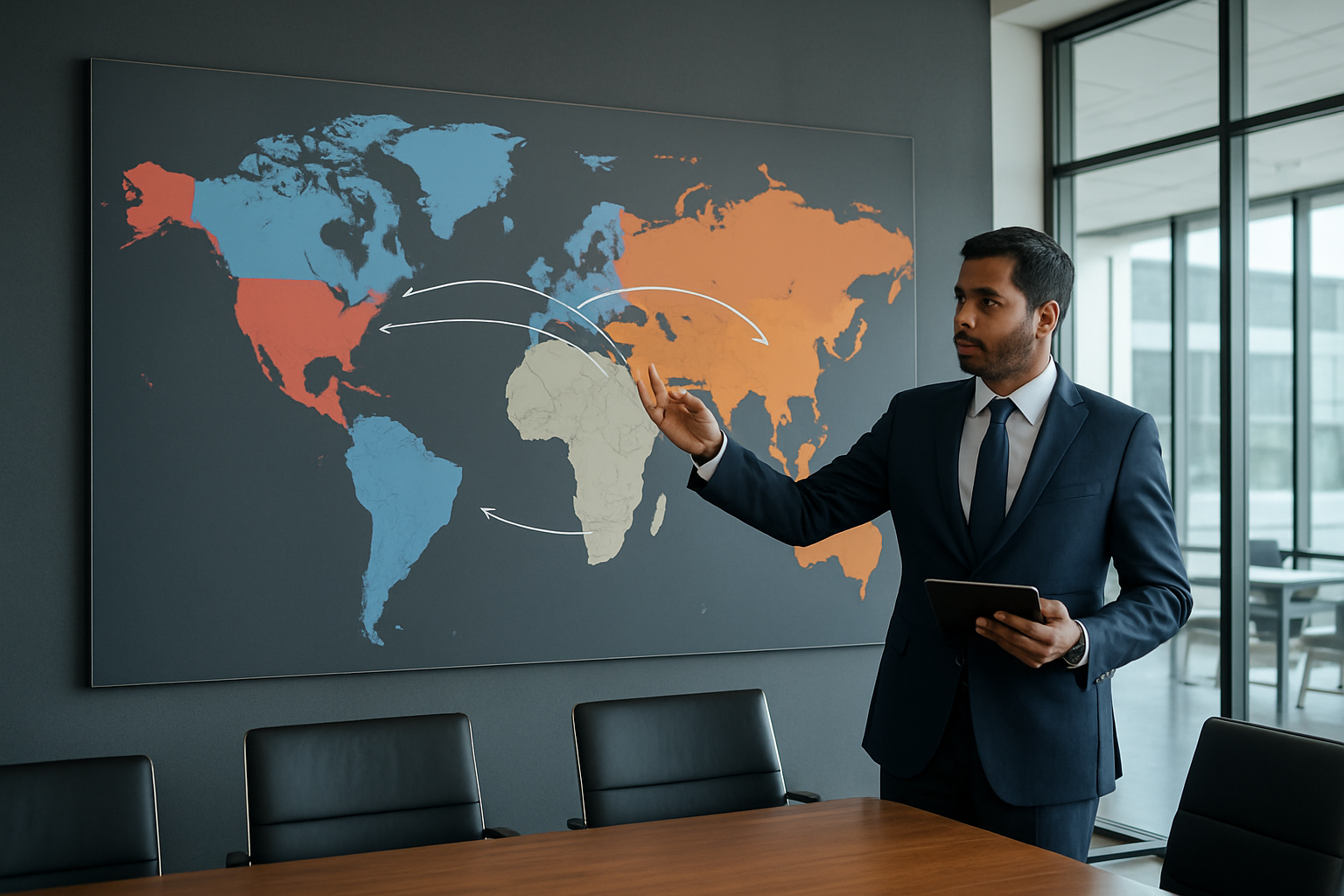 Create a realistic image of a modern world map displayed on a large wall with three distinct continents (Europe, North America, and Asia) highlighted in different colors, showing strategic market penetration routes with subtle connecting lines and arrows flowing from India outward, featuring a professional Indian male business executive in a navy suit standing beside the map pointing to various regions while holding a tablet, set in a contemporary corporate boardroom with glass walls, sleek furniture, and natural lighting from large windows, conveying a strategic and international business atmosphere, absolutely NO text should be in the scene.