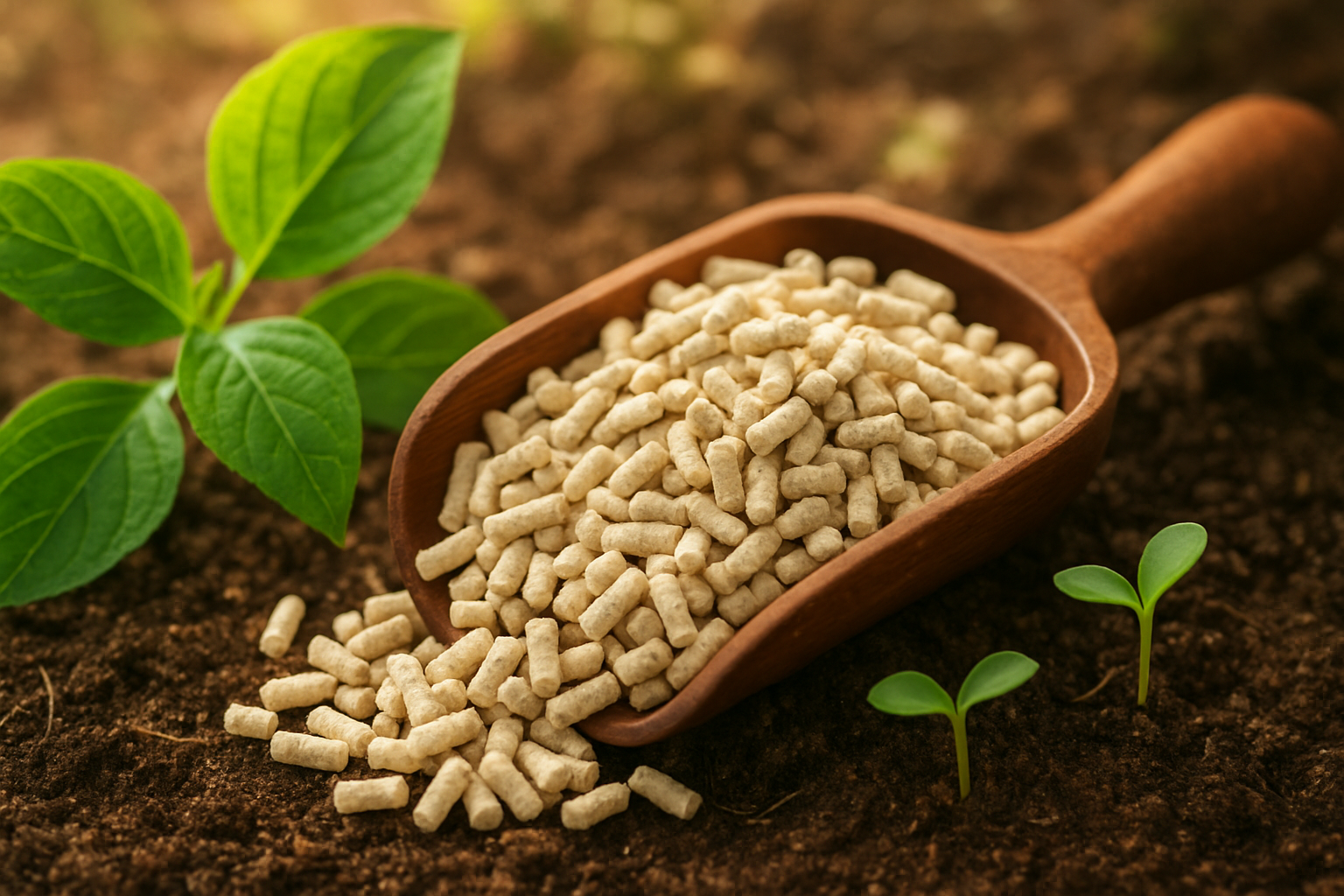 Create a realistic image of tofu cat litter pellets in a wooden scoop next to green plant leaves and small sprouting seedlings, with a soft natural background showing earth and compost, warm natural lighting filtering through the scene, creating an eco-friendly and sustainable atmosphere that emphasizes biodegradable materials and environmental consciousness, absolutely NO text should be in the scene.