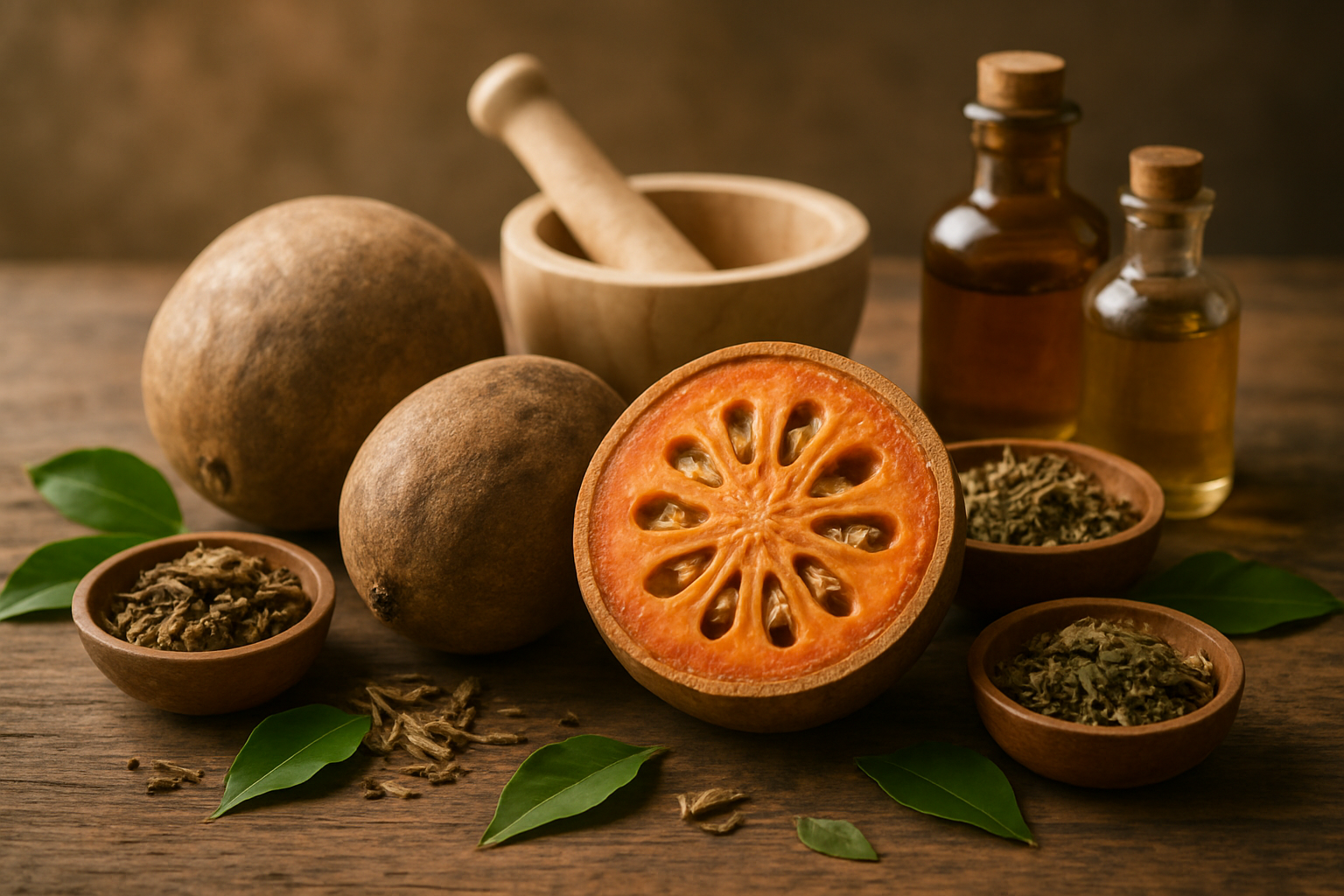 Create a realistic image of whole and halved bael fruits with their characteristic hard woody shells and orange pulp displayed on a rustic wooden surface, surrounded by traditional medicinal elements including dried herbs in small wooden bowls, mortar and pestle, glass bottles with herbal extracts, and scattered medicinal leaves, set against a warm natural background with soft diffused lighting that emphasizes the healing and therapeutic nature of the scene. Absolutely NO text should be in the scene.