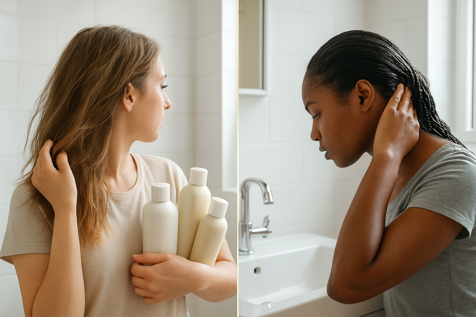 Create a realistic image of a split-screen composition showing two contrasting hair washing scenarios: on the left side, a white female with damaged, dry, brittle hair holding multiple shampoo bottles representing over-washing, and on the right side, a black female with greasy, oily hair at a bathroom sink representing under-washing, both women shown from behind or side profile focusing on their hair condition, set in a modern bathroom environment with soft natural lighting from a window, clean white tiles and modern fixtures, calm and educational mood, absolutely NO text should be in the scene.