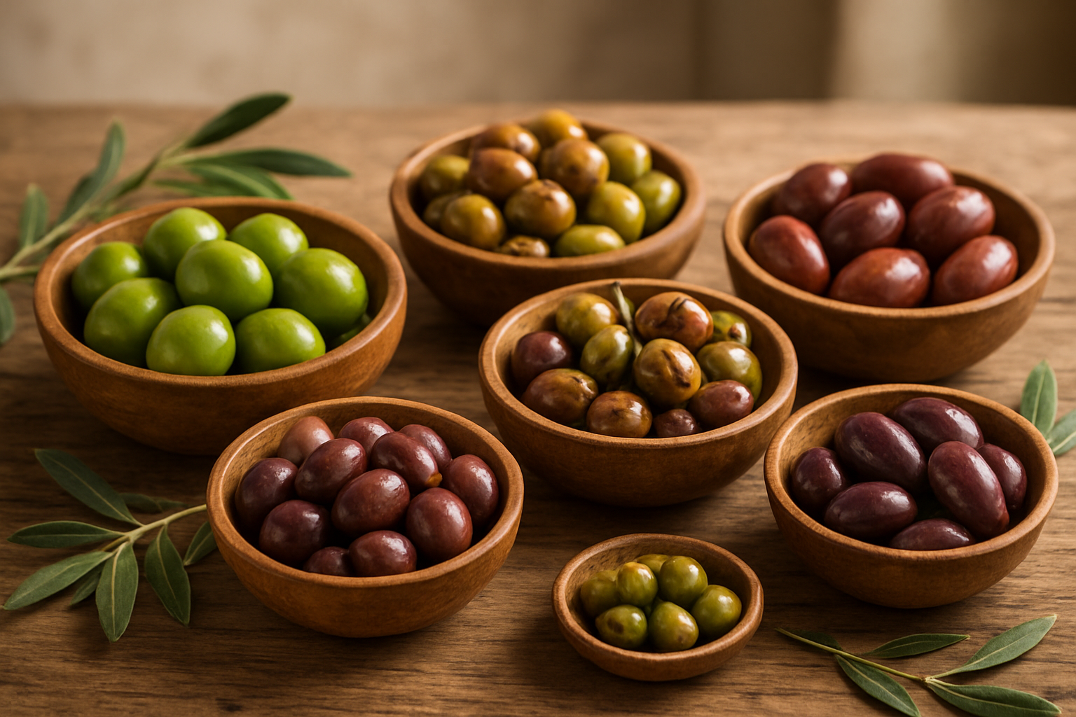 Create a realistic image of various olive varieties displayed in separate wooden bowls arranged on a rustic wooden table, showcasing different sizes, colors and textures including green Castelvetrano olives, black Kalamata olives, small brown Nicoise olives, large purple olives, and marinated mixed olives, with some fresh olive branches with leaves scattered around the bowls, natural daylight streaming from the side creating soft shadows, warm Mediterranean kitchen atmosphere with blurred neutral background. Absolutely NO text should be in the scene.