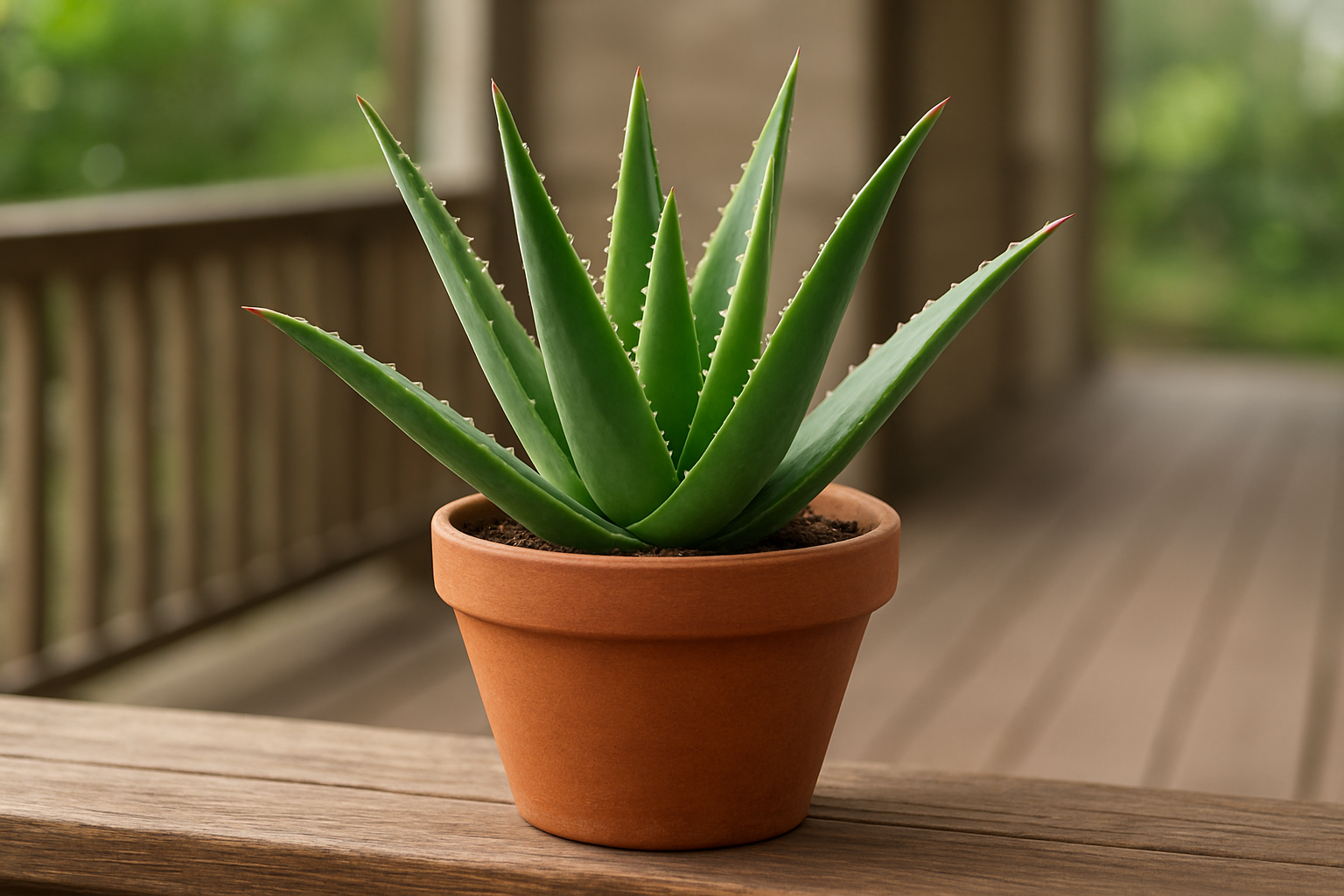 Create a realistic image of a healthy aloe vera plant in a terracotta pot sitting on a wooden porch railing, with thick succulent green leaves showing natural texture and slight reddish tips, soft natural daylight creating gentle shadows, blurred porch background with wooden planks and outdoor setting, peaceful low-maintenance garden atmosphere, absolutely NO text should be in the scene.