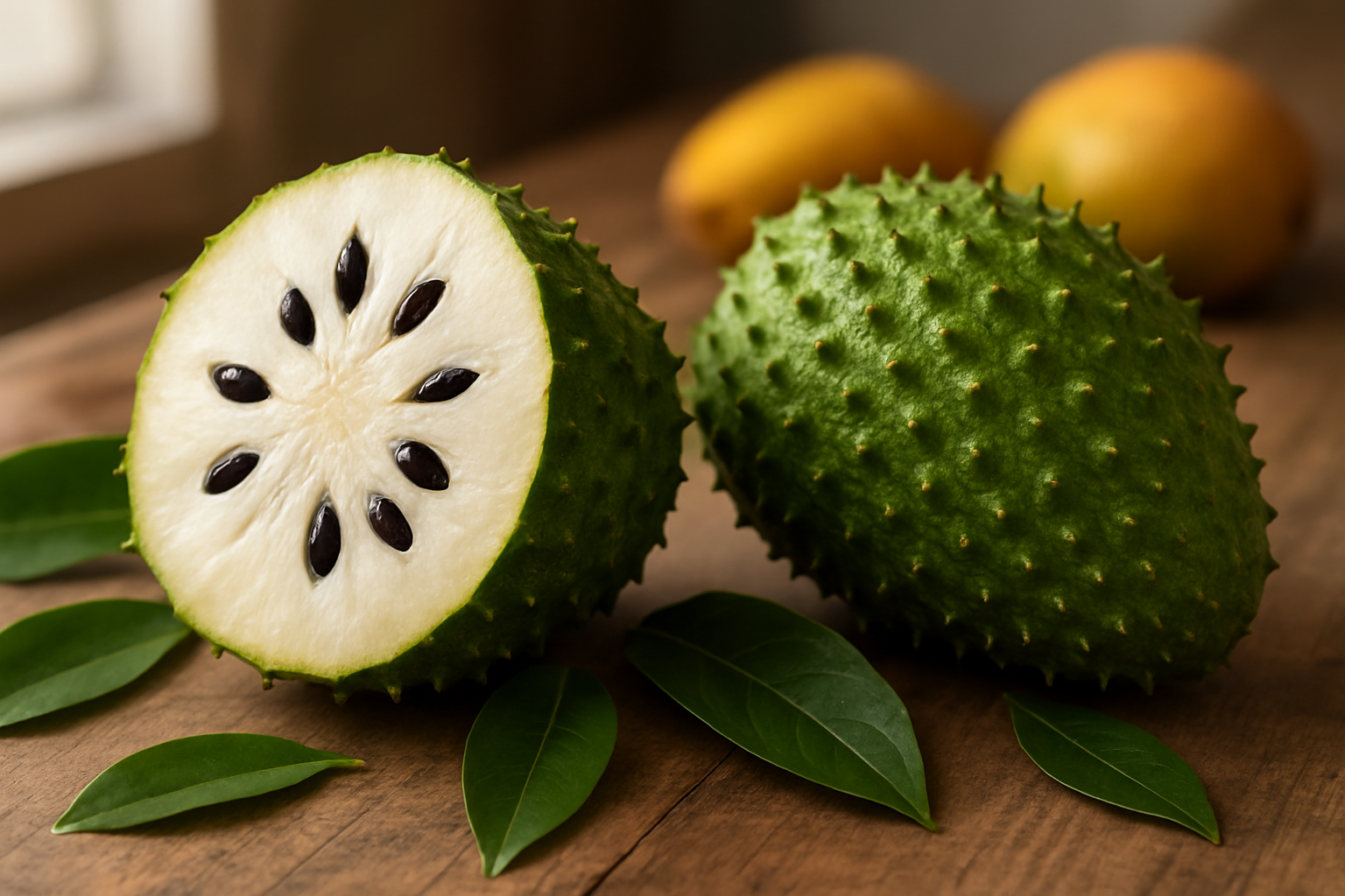 Create a realistic image of a vibrant soursop fruit cut in half displaying its white creamy flesh with black seeds alongside a whole green spiky soursop fruit, arranged on a rustic wooden table with scattered soursop leaves, soft natural lighting from a window creating gentle shadows, warm and inviting atmosphere suggesting health and nutrition, with a few additional tropical fruits like bananas or mangoes in the blurred background to emphasize the exotic nature of the fruit, absolutely NO text should be in the scene.