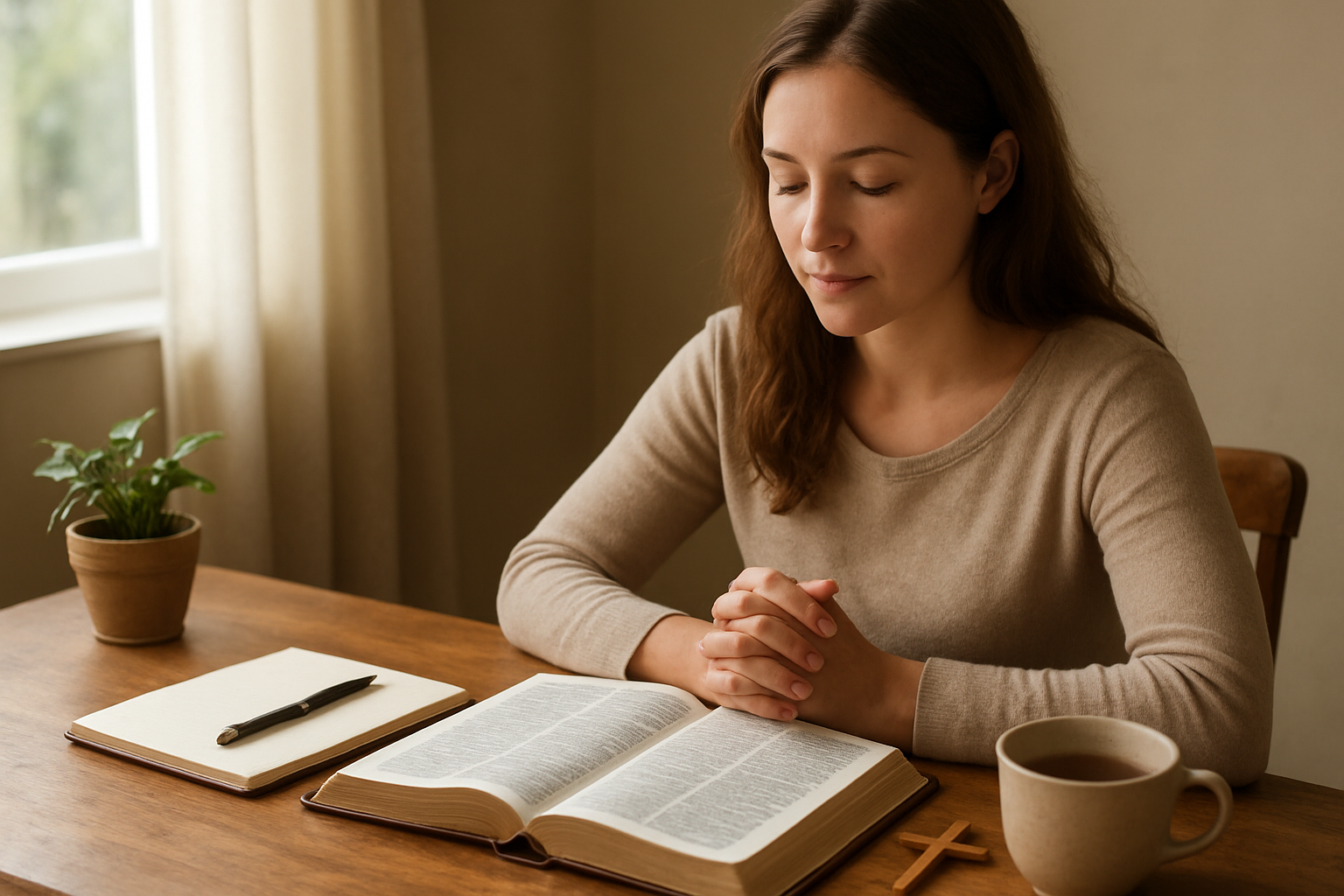 Create a realistic image of a peaceful indoor scene showing a white female sitting at a wooden table with an open Bible, a journal with a pen, and a small cross nearby, with soft natural lighting streaming through a window in the background, conveying a sense of spiritual completion and reflection, surrounded by elements like a small potted plant and a cup of tea, creating a warm and serene atmosphere that represents the culmination of a spiritual journey, absolutely NO text should be in the scene.