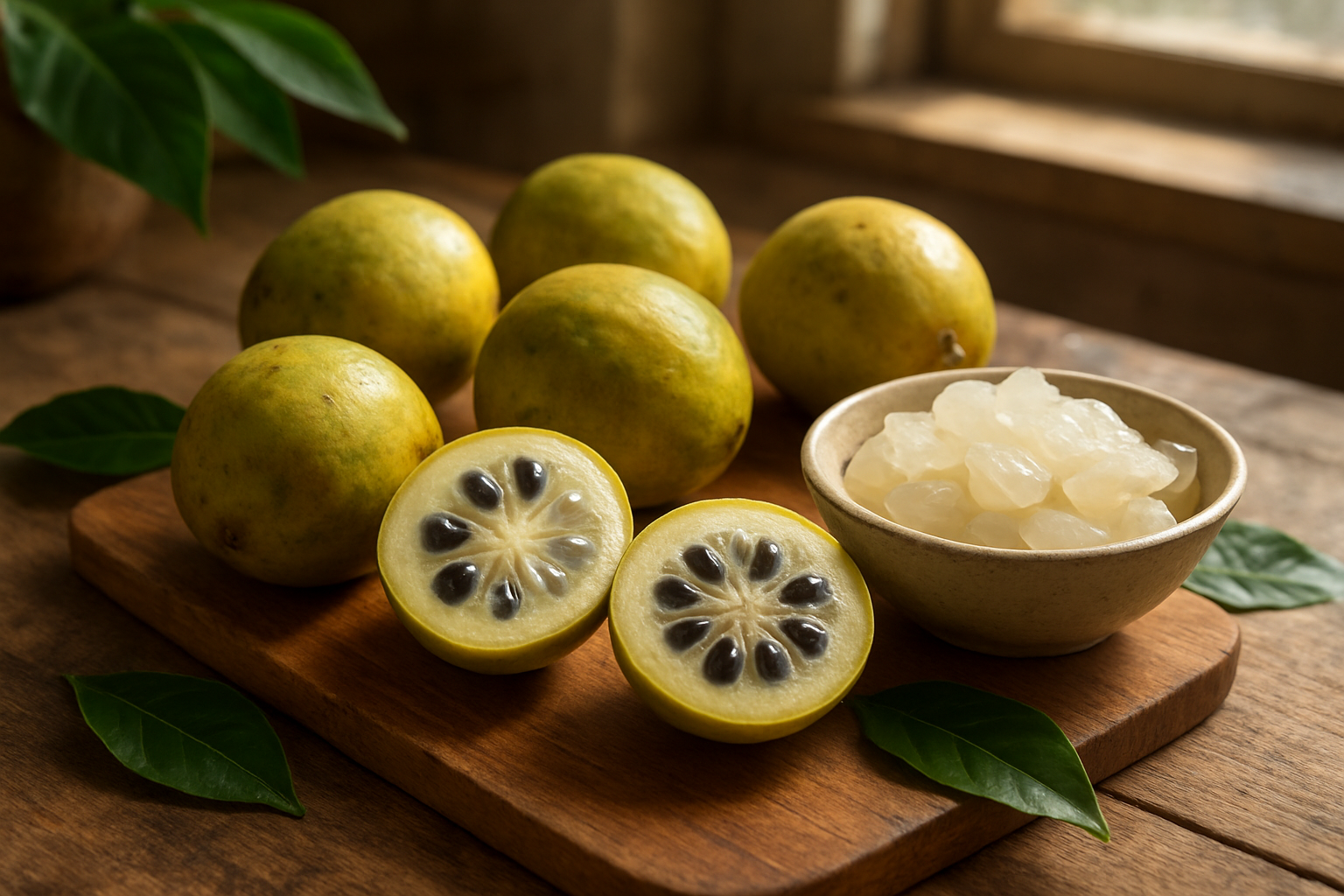 Create a realistic image of fresh wampi fruits arranged beautifully on a wooden cutting board, some fruits whole showing their yellowish-green skin and others cut open revealing the translucent white flesh and dark seeds inside, alongside a small bowl filled with prepared wampi fruit segments, set on a rustic kitchen counter with natural daylight streaming in from a window, creating soft shadows and highlighting the glossy texture of the fruits, with a few green wampi tree leaves scattered around as decorative elements, capturing a warm and inviting culinary atmosphere that suggests completion and satisfaction, absolutely NO text should be in the scene.