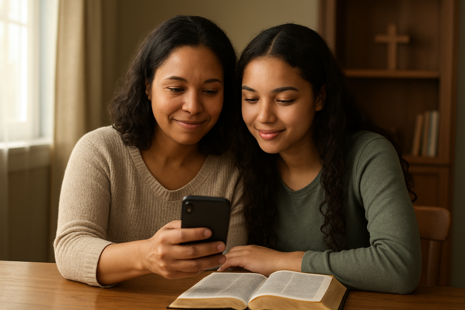Create a realistic image of a Christian woman of mixed ethnicity sitting at a wooden table with her teenage daughter, both looking at a smartphone together with warm, gentle expressions, surrounded by a cozy home environment with soft natural lighting from a nearby window, a small cross visible on a bookshelf in the background, and an open Bible on the table, conveying a scene of meaningful guidance and mentorship between generations in a peaceful, faith-centered setting, absolutely NO text should be in the scene.