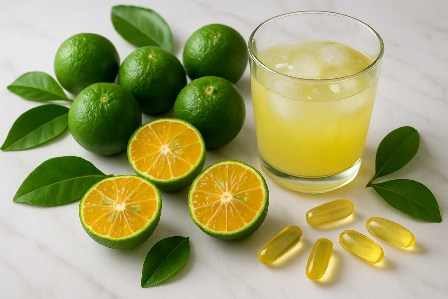 Create a realistic image of fresh calamansi fruits arranged artistically on a clean white marble surface, with some fruits cut in half showing the juicy interior, a glass of fresh calamansi juice with ice cubes, scattered green leaves, and vitamin supplement capsules nearby, all beautifully lit with soft natural lighting to emphasize the health and wellness theme, absolutely NO text should be in the scene.