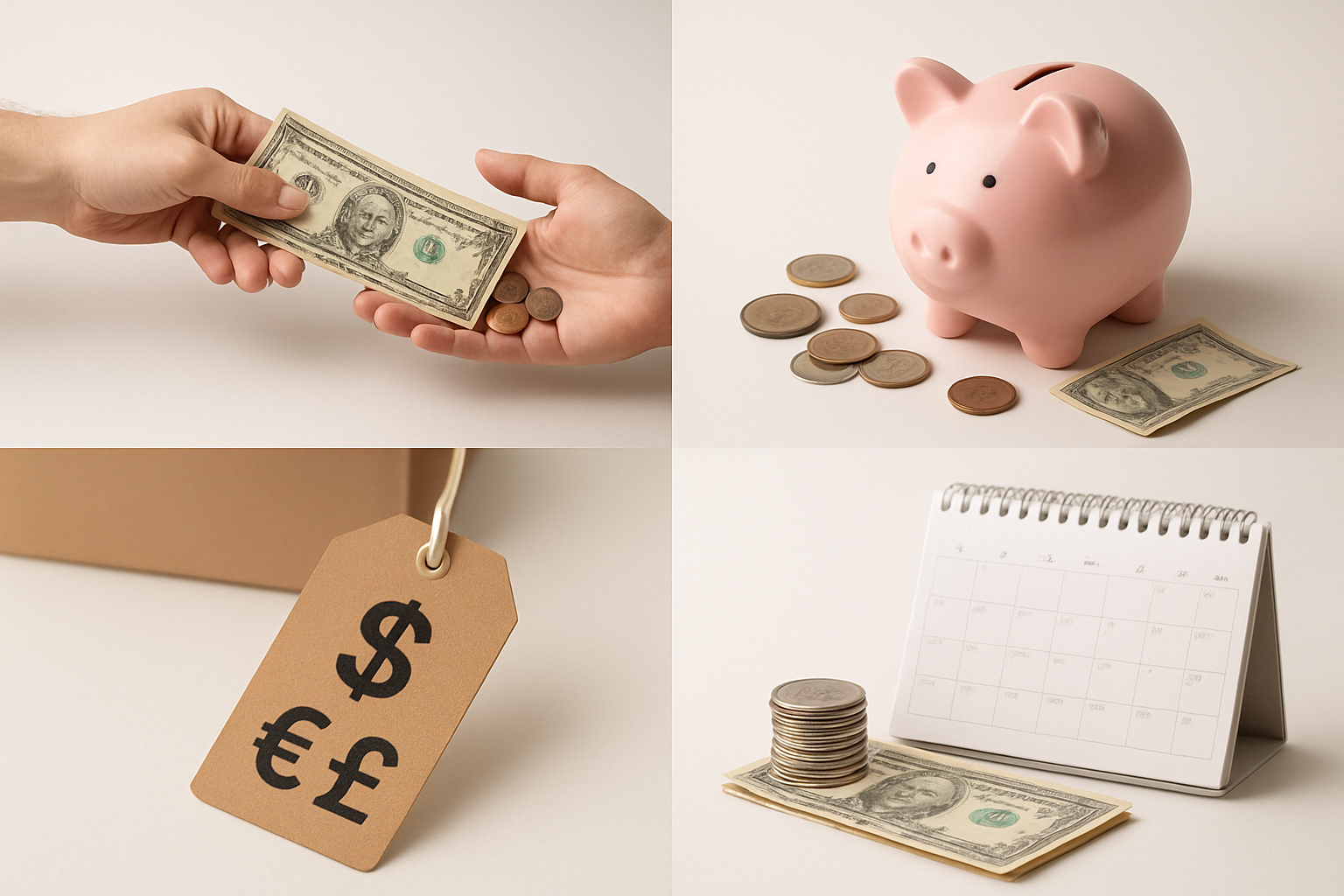 Create a realistic image of four distinct sections arranged in a grid layout, each representing a core function of money: top left shows various coins and bills being exchanged between hands representing medium of exchange, top right displays a piggy bank with coins and cash around it representing store of value, bottom left features a price tag on an item with currency symbols showing unit of account, bottom right shows a calendar with money set aside demonstrating standard of deferred payment, professional lighting with a clean white background, financial education theme with warm and trustworthy mood, absolutely NO text should be in the scene.