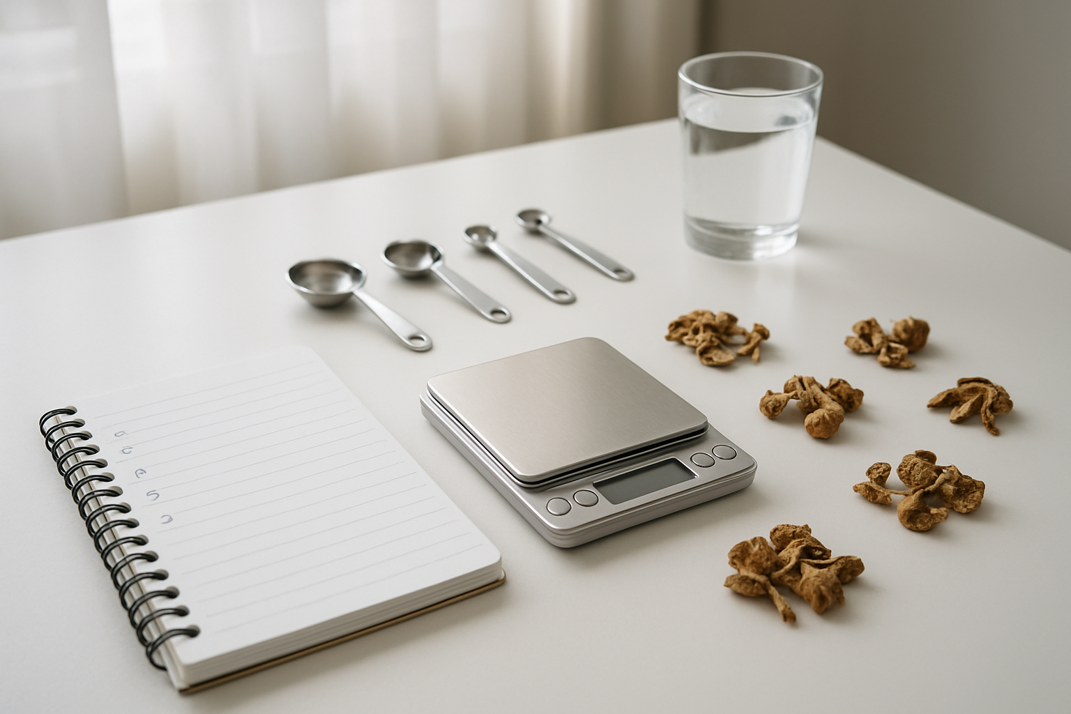 Create A Realistic Image Of A Clean, Organized Workspace Showing A Step-By-Step Safety Protocol Setup With A Precise Digital Scale, Small Measuring Spoons, A Notebook With Numbered Steps Visible, A Glass Of Water, And Dried Mushrooms In Small Portions Arranged Methodically On A White Surface, With Soft Natural Lighting From A Window Creating A Calm, Clinical Atmosphere That Emphasizes Precision And Safety, Absolutely No Text Should Be In The Scene.