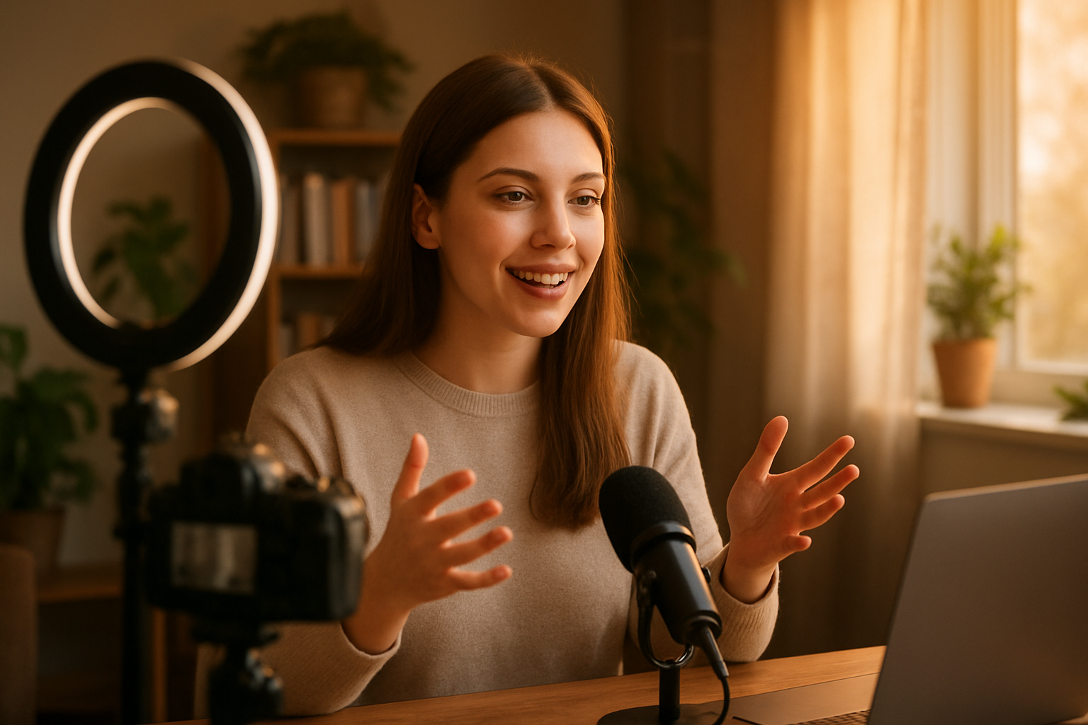 Create a realistic image of a young white female content creator sitting at a cozy desk setup with warm lighting, speaking authentically to her camera while gesturing naturally with her hands, with a soft-focus home environment in the background featuring bookshelves and plants, warm golden hour lighting streaming through a nearby window creating an intimate and genuine atmosphere, with recording equipment like a microphone and ring light visible but subtle, conveying the concept of sharing personal stories and creating emotional connections with an audience, absolutely NO text should be in the scene.
