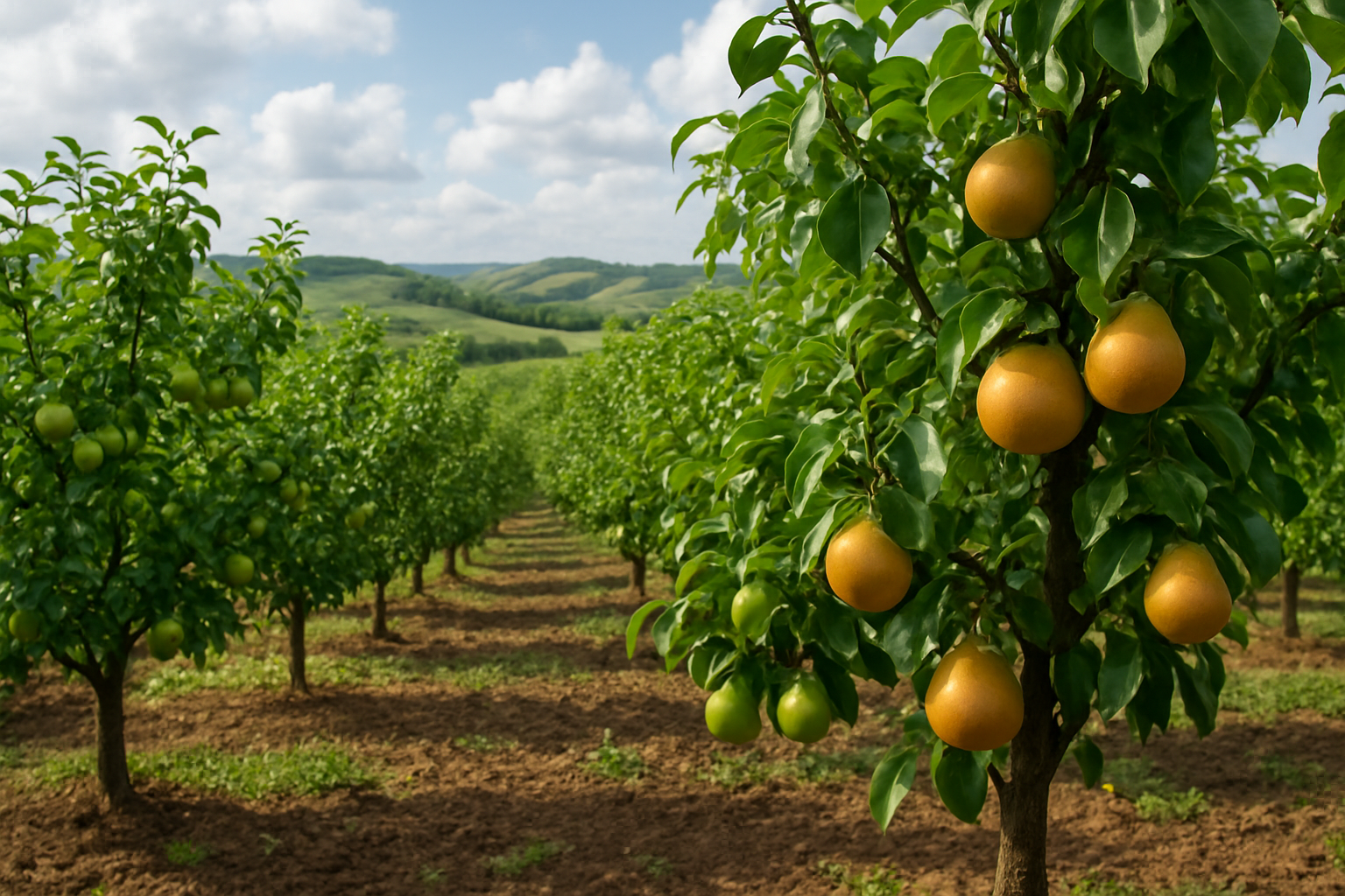 Create a realistic image of nashi pear trees in an orchard during different growing seasons, showing healthy trees with green foliage and developing fruits in various stages of ripeness, set against rolling hills with rich fertile soil, under natural daylight with partly cloudy skies, displaying the agricultural environment where these Asian pears thrive, with some mature golden-brown nashi pears visible on branches alongside younger green fruits, captured in a wide landscape view that emphasizes the seasonal growing cycle and optimal cultivation conditions. Absolutely NO text should be in the scene.