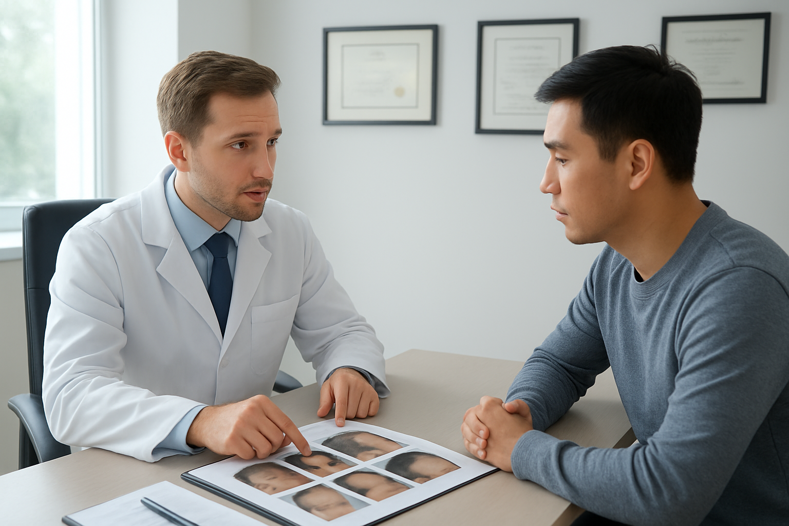 Create a realistic image of a professional consultation scene with a white male doctor in a white coat sitting across from an Asian male patient at a modern desk in a clean medical office, the doctor showing hair transplant before-and-after photos or brochures on the desk, with medical diplomas and certificates visible on the wall behind them, bright natural lighting from a window, professional and trustworthy atmosphere, both individuals engaged in serious discussion, absolutely NO text should be in the scene.
