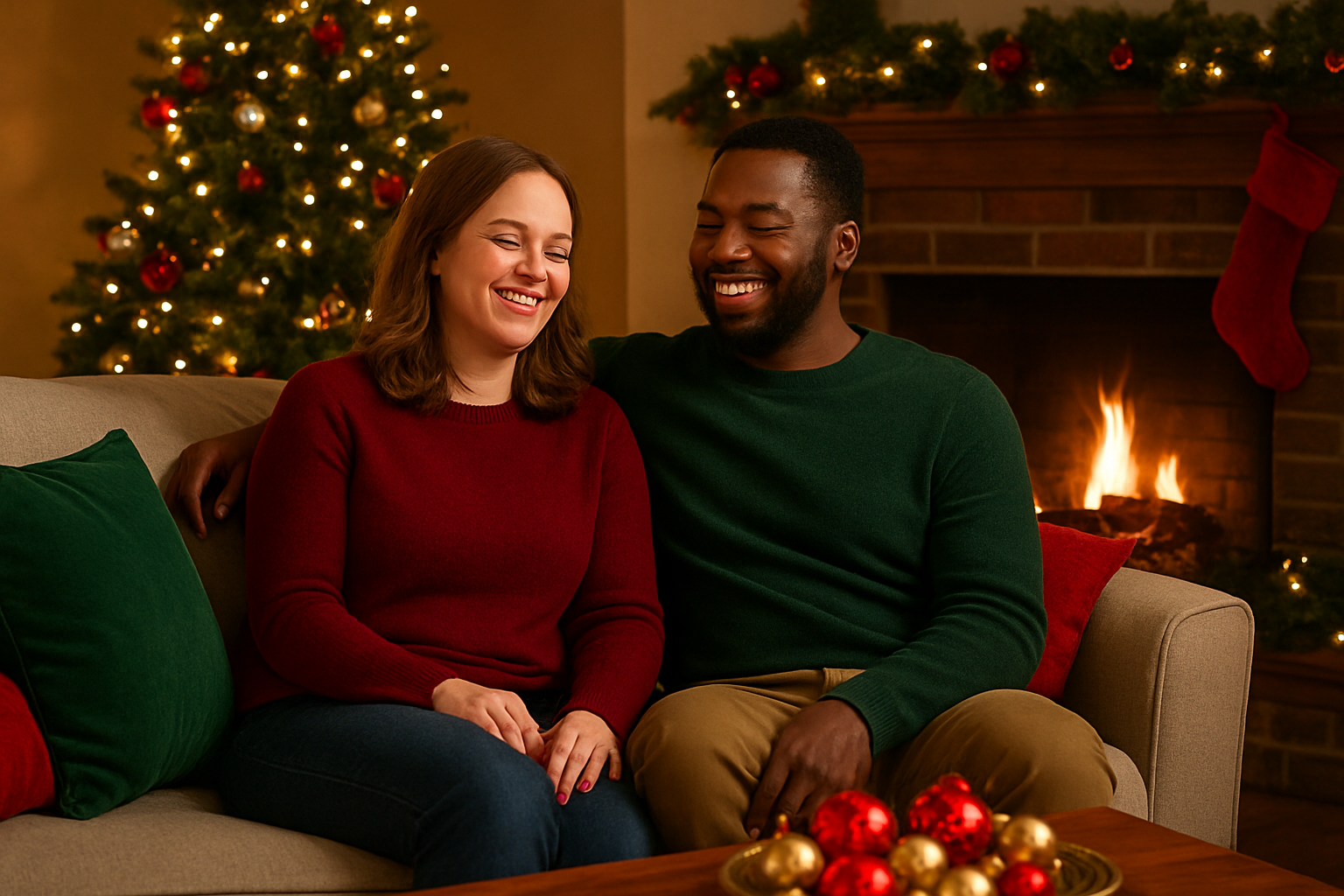 Create a realistic image of a cozy living room scene showing the psychological impact of Christmas colors, featuring a diverse group of people including a white female and black male sitting on a sofa, surrounded by traditional Christmas decorations in red, green, and gold colors, with warm ambient lighting from a fireplace, a decorated Christmas tree with twinkling lights in the background, red and green throw pillows, golden ornaments, and the people displaying genuine expressions of joy, warmth, and relaxation as they interact with the colorful holiday environment, capturing the mood-enhancing effect of festive colors on human emotions, absolutely NO text should be in the scene.