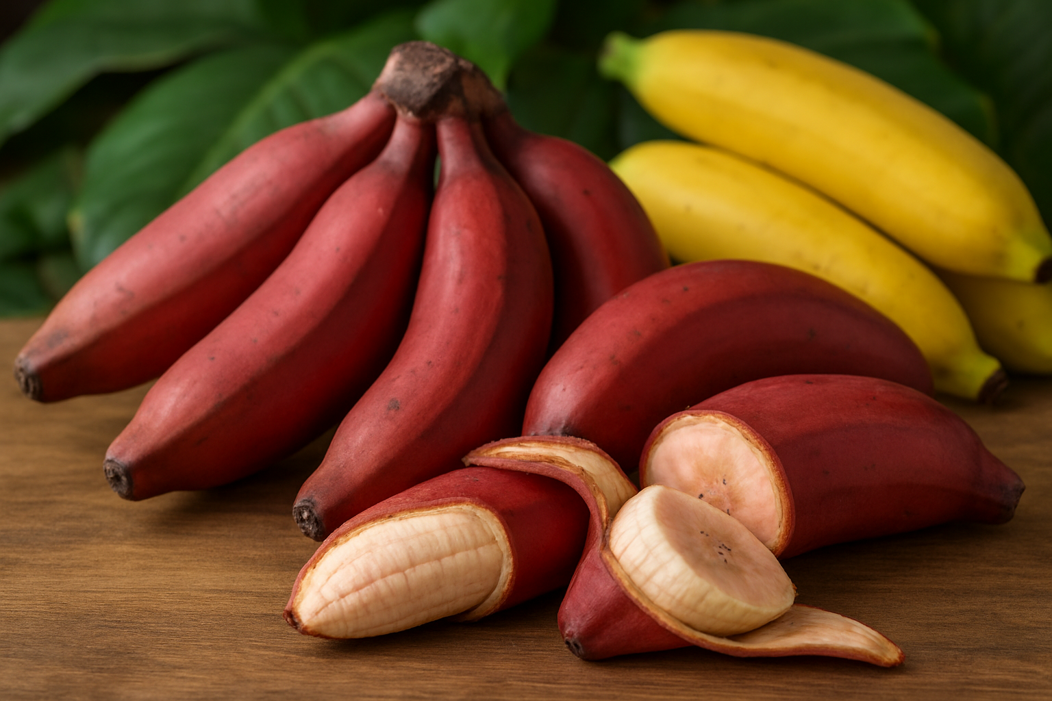 Create a realistic image of red bananas displayed prominently showing their unique characteristics, featuring several red-skinned bananas with their distinctive reddish-purple peel color, some whole and some partially peeled to reveal the creamy pinkish-white flesh inside, arranged on a natural wooden surface with soft natural lighting that highlights the contrast between regular yellow bananas and red bananas placed side by side, surrounded by tropical green leaves as background elements, with warm ambient lighting creating an inviting educational atmosphere that showcases the visual differences and unique features of red bananas compared to conventional bananas, absolutely NO text should be in the scene.