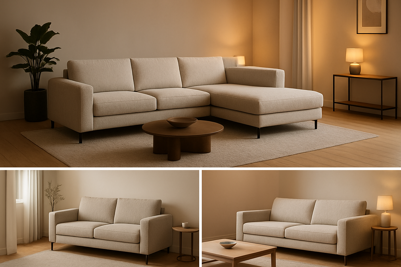 Create a realistic image of various modern sofa styles arranged in different room settings showing size comparisons, featuring a large sectional sofa in a spacious living room, a compact two-seater sofa in a small apartment corner, and a medium-sized three-seater sofa in a mid-sized family room, all sofas should have contemporary 2025 design with stain-resistant fabric appearance, warm ambient lighting highlighting the furniture placement, neutral color palette with beige and gray tones, clean modern interior design with minimal decorative elements, professional furniture showroom atmosphere, absolutely NO text should be in the scene.