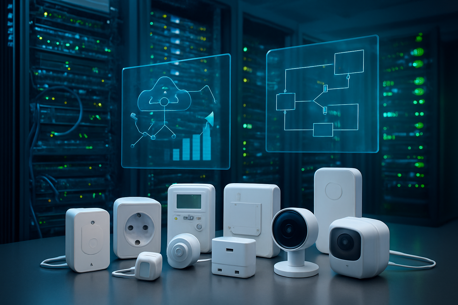Create a realistic image of a modern data center or cloud infrastructure facility showing multiple server racks with blinking LED lights, network cables, and IoT devices of various sizes (sensors, smart meters, connected devices) arranged in the foreground, with holographic or digital displays showing network topology diagrams, data flow arrows, and scaling metrics floating above the equipment, all set in a clean, well-lit technical environment with blue and green ambient lighting suggesting connectivity and growth, absolutely NO text should be in the scene.