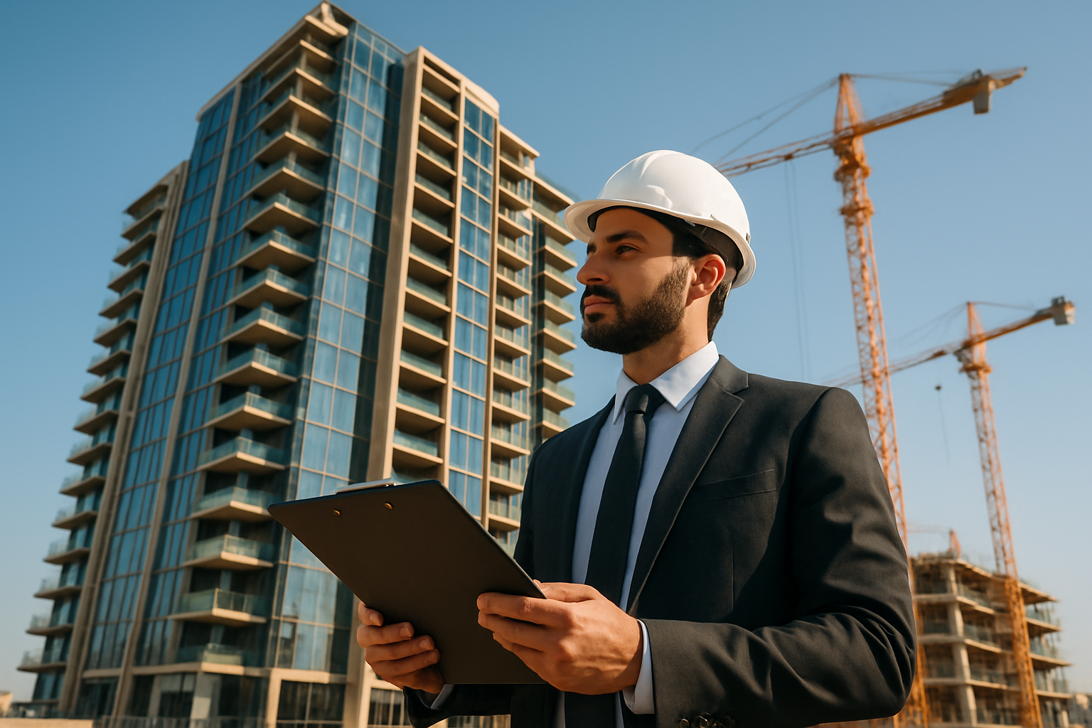 Create a realistic image of a modern high-rise residential building under construction in Dubai, UAE, with glass facades and contemporary architecture, showing a Middle Eastern male property inspector in professional attire holding a clipboard and examining building details, with construction cranes visible in the background against a clear blue sky, capturing the bustling real estate development atmosphere of the UAE market, with warm natural lighting highlighting the building's exterior features and architectural elements. Absolutely NO text should be in the scene.