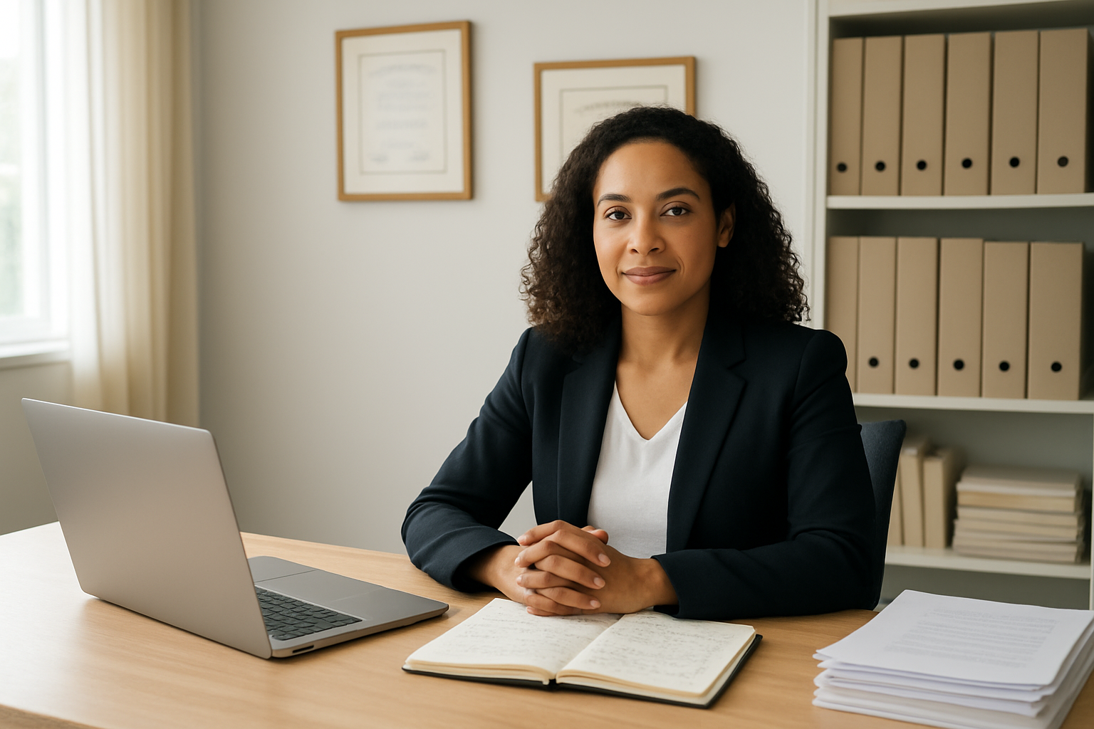 Create a realistic image of a professional woman of mixed race sitting at a clean, organized desk with an open laptop, a neat stack of documents, and a journal with handwritten notes, surrounded by filing folders and achievement certificates on the wall behind her, in a bright modern office setting with natural lighting from a window, conveying a sense of accomplishment and systematic organization, absolutely NO text should be in the scene.