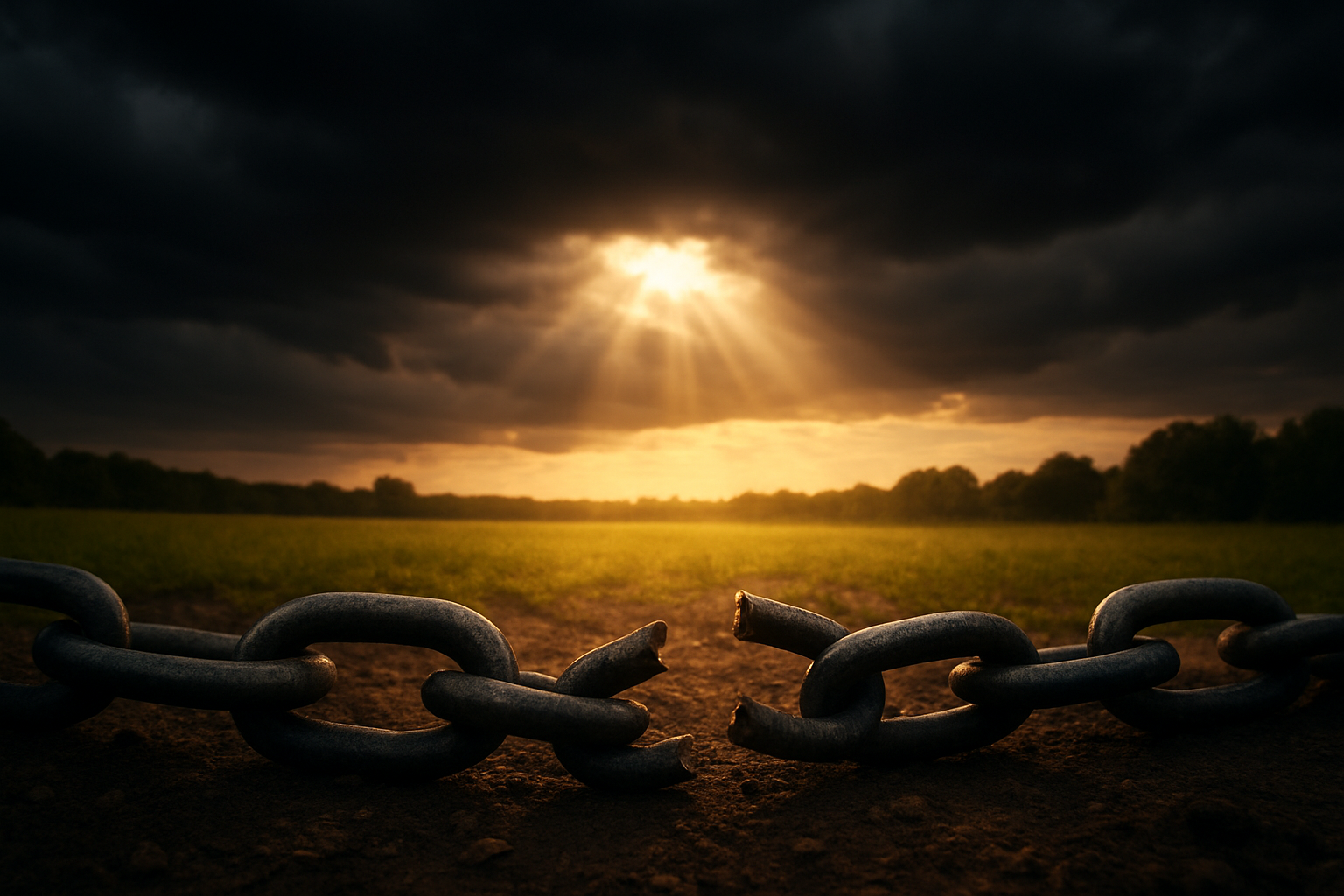 Create a realistic image of broken metal chains lying on the ground with golden sunlight breaking through dark storm clouds above, symbolizing freedom and liberation, with a peaceful meadow in the background bathed in warm light, creating a dramatic contrast between the dark foreground and the bright, hopeful background, absolutely NO text should be in the scene.