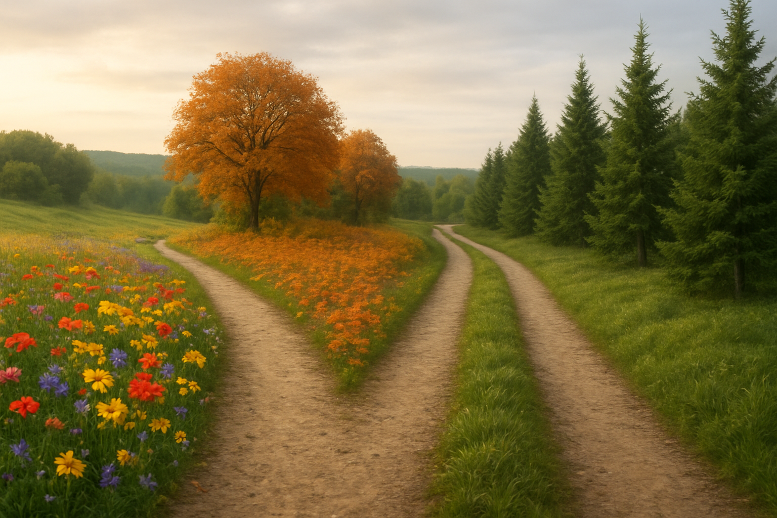Create a realistic image of two parallel pathways diverging through a serene landscape, one path showing vibrant spring flowers that gradually fade to autumn leaves, while the other path displays steady evergreen trees maintaining consistent growth throughout, with soft natural lighting illuminating both routes, gentle rolling hills in the background, and a peaceful sky suggesting the passage of time, absolutely NO text should be in the scene.