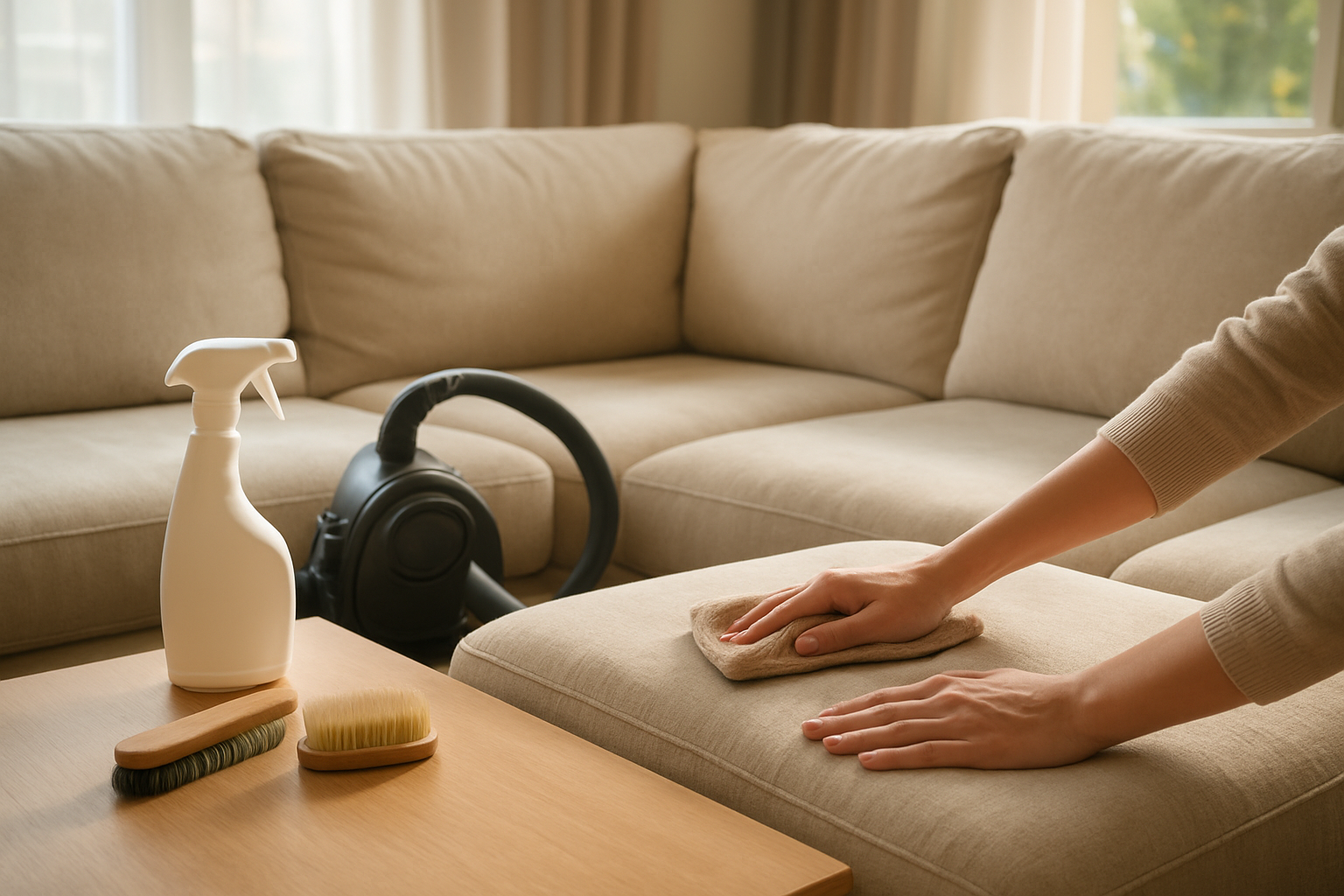 Create a realistic image of hands gently cleaning a luxurious 7-seater sectional sofa with a microfiber cloth, showing cleaning supplies like fabric cleaner spray bottle, vacuum cleaner, and soft brushes arranged on a coffee table nearby, the sofa is beige or cream colored fabric in a well-lit modern living room with natural sunlight streaming through windows, emphasizing care and maintenance activities, warm and clean atmosphere, absolutely NO text should be in the scene.