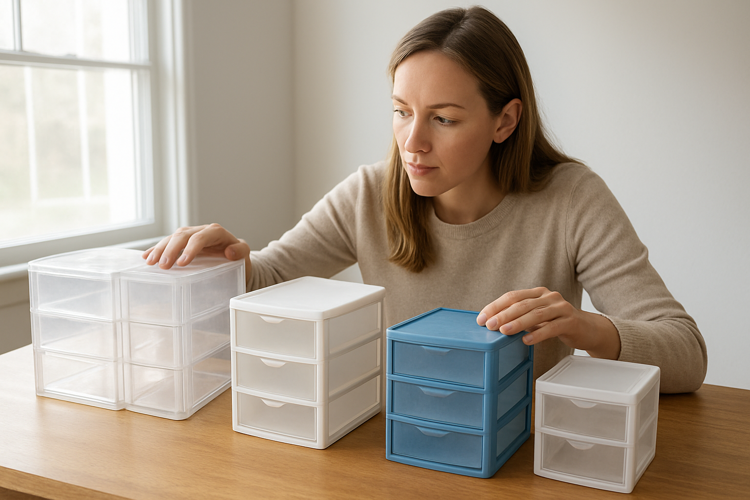 Create a realistic image of a white female examining various plastic storage drawers on a table, with her hands touching and inspecting different types of plastic drawer units including clear, white, and colored plastic organizers of different sizes and conditions, some showing wear and scratches, arranged on a wooden surface with good natural lighting from a window, creating a bright and organized workspace atmosphere for a DIY assessment project, Absolutely NO text should be in the scene.