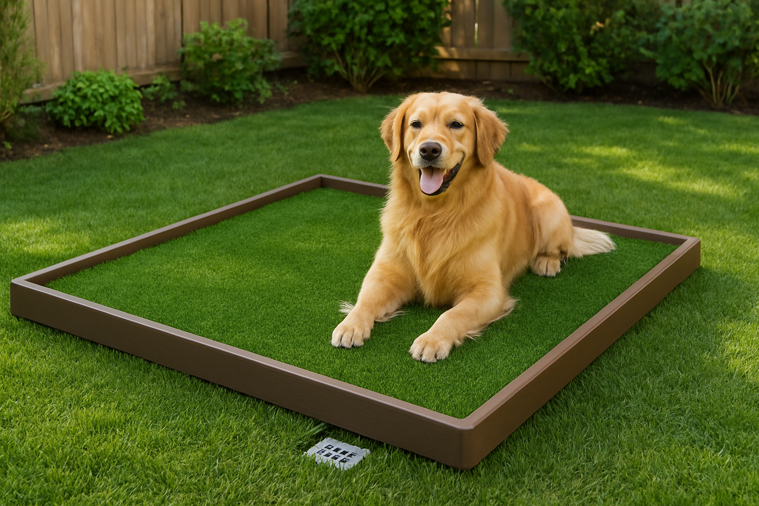 Create a realistic image of a well-maintained artificial grass dog potty area in a backyard setting, featuring vibrant green synthetic turf with realistic texture, a happy golden retriever dog comfortably positioned on the artificial grass surface, surrounded by a clean wooden or plastic border frame, with a small drainage system visible at one corner, set against a pleasant residential backyard with natural lighting during daytime, showing the pristine and hygienic condition of the artificial grass with no mud or mess, complemented by a few outdoor elements like a fence or garden plants in the soft-focused background, emphasizing the convenience and cleanliness benefits of the artificial grass solution, absolutely NO text should be in the scene.