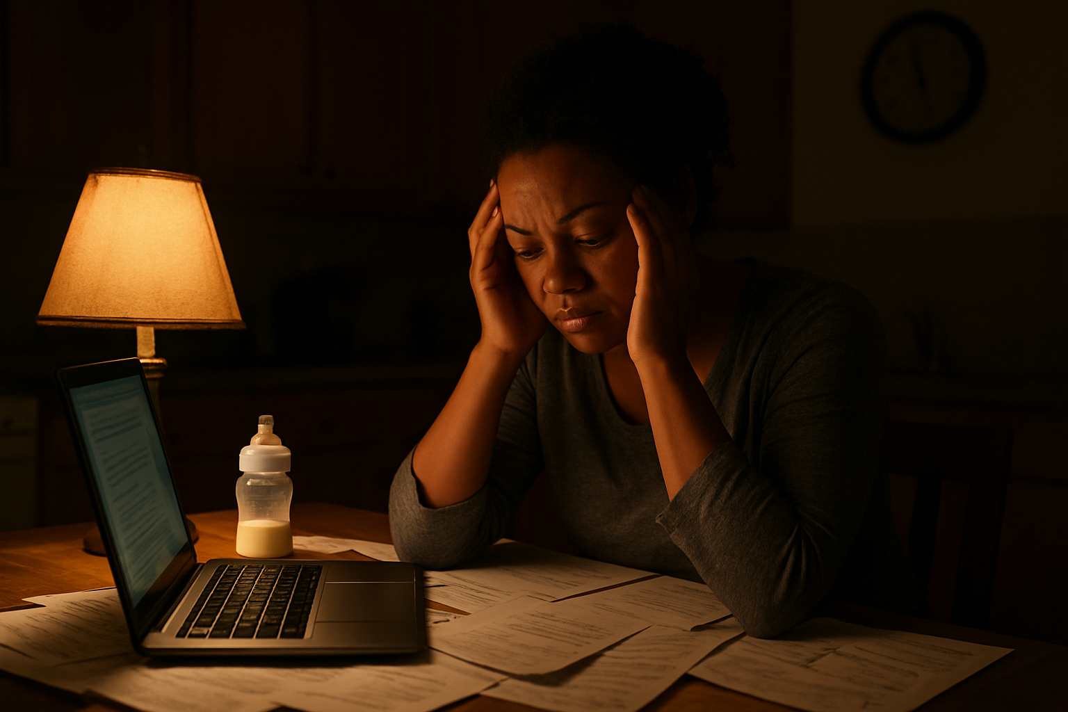 Create a realistic image of a tired-looking black female single mother in her early 30s sitting at a kitchen table late at night, surrounded by scattered bills, a laptop showing work documents, children's homework papers, and a baby bottle, while holding her head in her hands in a moment of overwhelm, with dim warm lighting from a single table lamp creating shadows across the cluttered scene, and a clock on the wall showing late hours, conveying the weight of daily responsibilities and challenges, absolutely NO text should be in the scene.