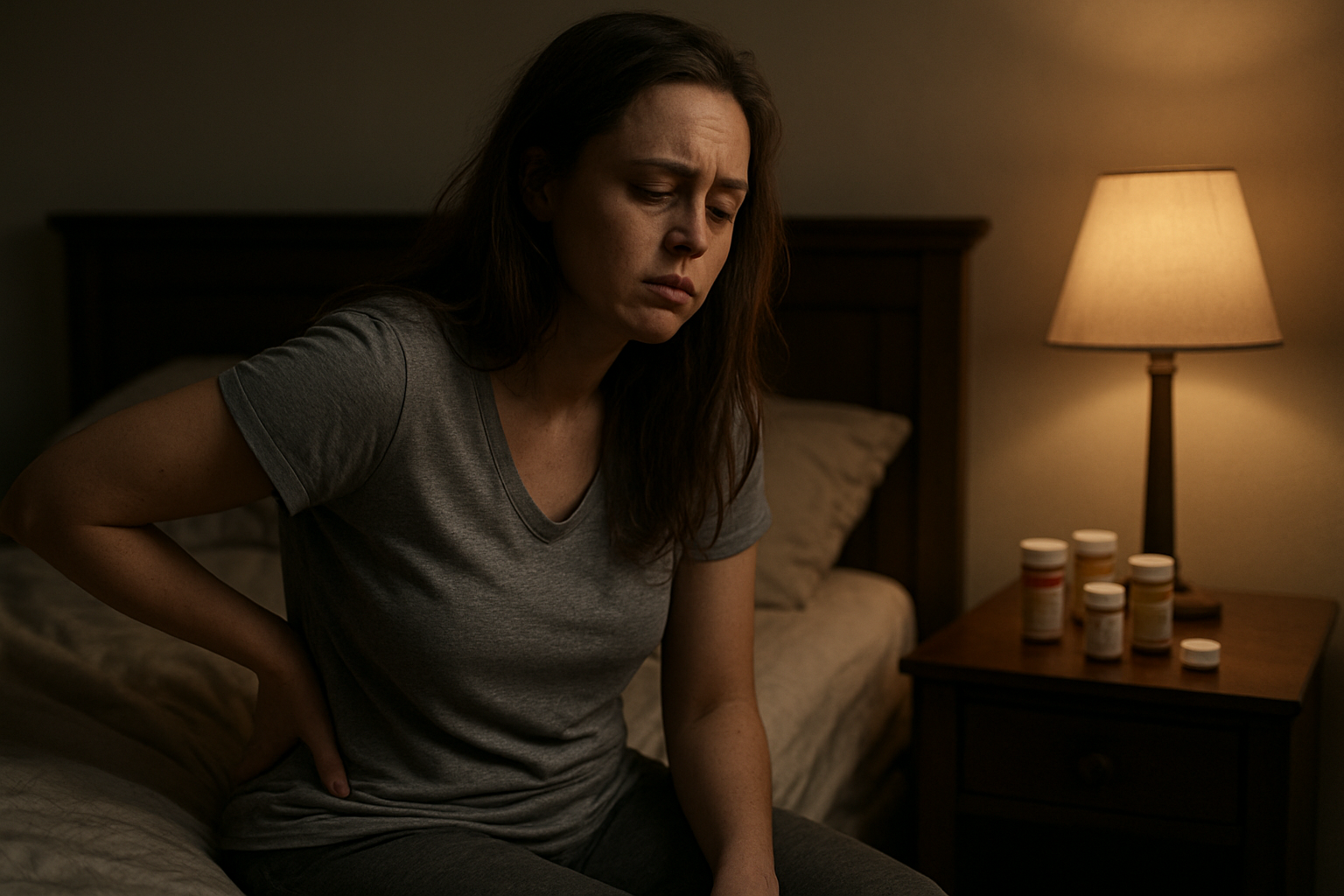 Create a realistic image of a tired white female mother in her 30s sitting on the edge of a bed looking exhausted, with visible dark circles under her eyes, holding her lower back in pain, scattered prescription bottles on a nearby nightstand, soft dim bedroom lighting creating shadows that emphasize her fatigue, rumpled bedsheets suggesting sleepless nights, and a peaceful but melancholic atmosphere that conveys the physical toll of motherhood, absolutely NO text should be in the scene.