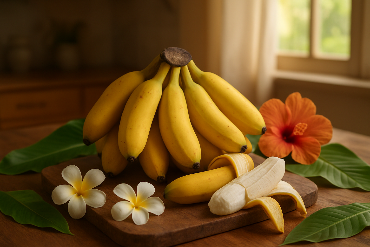 Create a realistic image of a beautiful arrangement of lady finger bananas (small, sweet yellow bananas) displayed on a rustic wooden cutting board with some bananas peeled to show their creamy white flesh, surrounded by scattered banana leaves and tropical flowers, set against a warm kitchen background with soft natural lighting streaming through a window, creating an inviting and educational food photography composition that summarizes the complete guide to lady finger bananas, absolutely NO text should be in the scene.