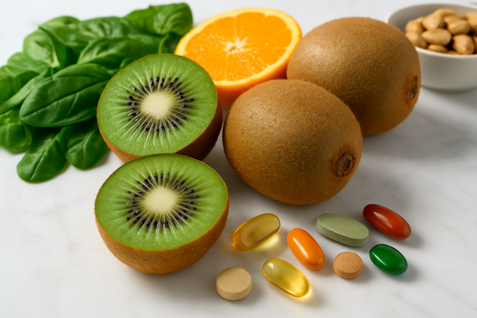 Create a realistic image of fresh kiwi fruits cut in half displaying their vibrant green flesh with black seeds arranged in a circular pattern, whole kiwis with fuzzy brown skin, alongside colorful vitamin and mineral supplement capsules scattered around, fresh green leafy vegetables like spinach, orange slices, and other nutrient-rich foods on a clean white marble surface, with soft natural lighting from above creating gentle shadows, emphasizing the healthy and nutritious qualities of the foods in a bright, clean, wellness-focused composition, absolutely NO text should be in the scene.