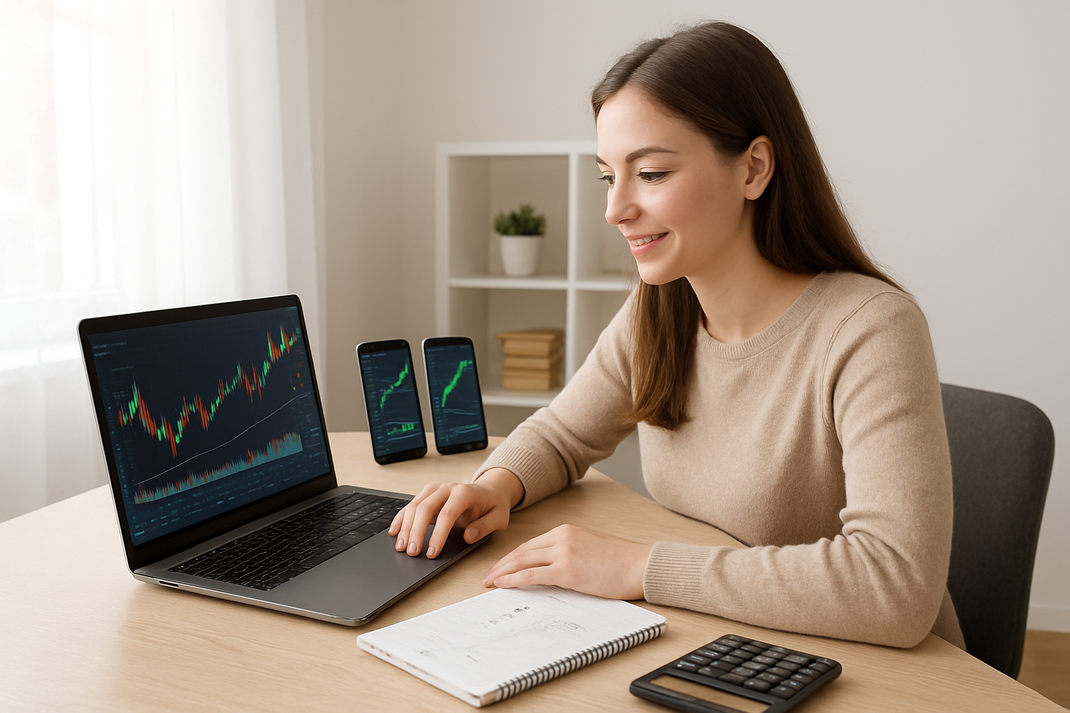Create a realistic image of a young white female beginner trader sitting at a modern desk with a laptop displaying colorful trading charts and graphs, multiple smartphone screens showing different trading platform interfaces with green profit indicators and upward trending arrows, a notepad with simple trading notes, and a calculator nearby, set in a bright, clean home office environment with natural lighting from a window, conveying an optimistic and accessible learning atmosphere for new traders, absolutely NO text should be in the scene.