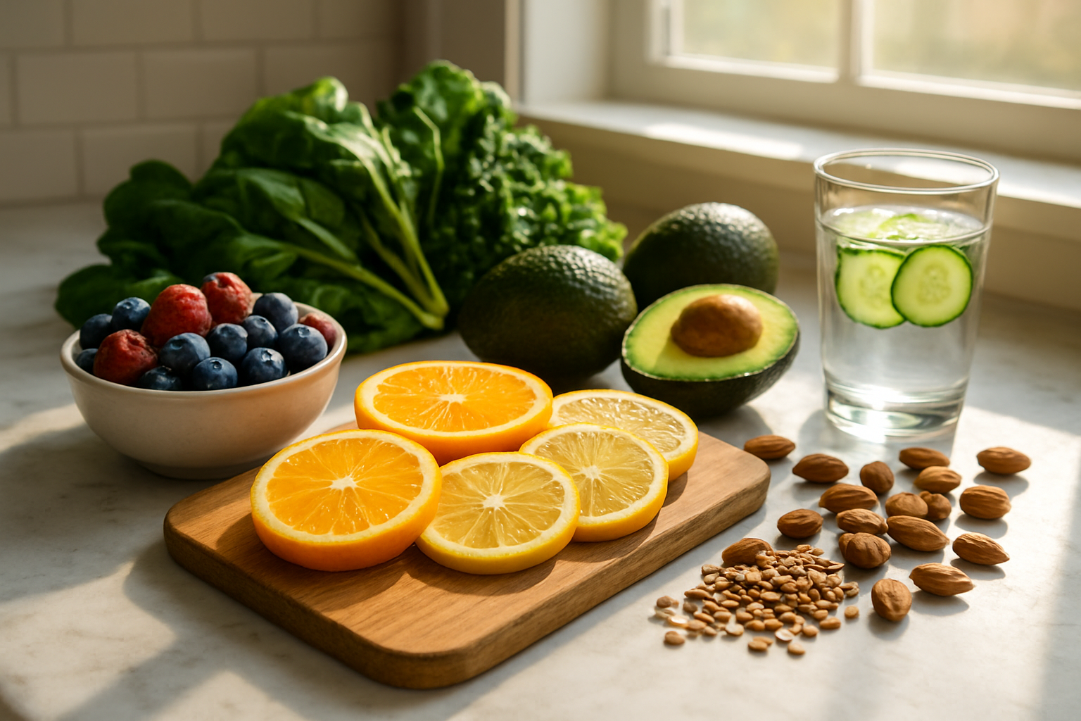 Create a realistic image of a vibrant, well-organized kitchen scene featuring fresh, colorful foods known for promoting clear skin, including a wooden cutting board with sliced citrus fruits like oranges and lemons, a bowl of mixed berries including blueberries and strawberries, leafy green vegetables like spinach and kale, avocados, nuts and seeds scattered on a marble countertop, a glass of water with cucumber slices, and natural sunlight streaming through a window creating a clean, healthy atmosphere, with soft shadows and warm lighting that emphasizes the freshness of the ingredients, absolutely NO text should be in the scene.