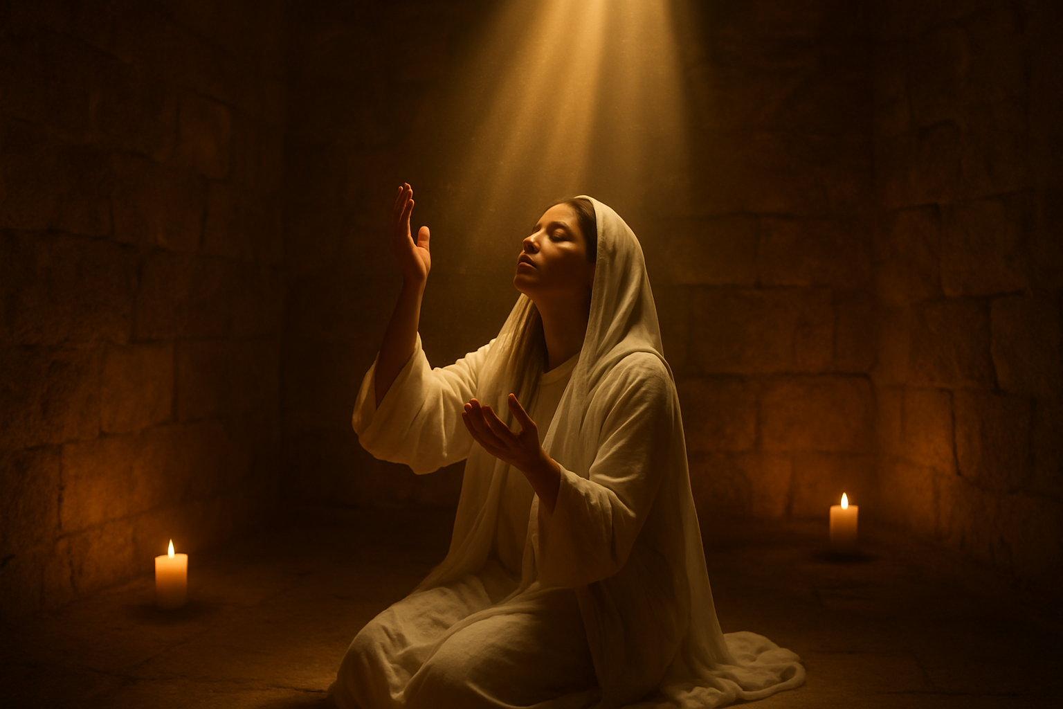 Create a realistic image of a peaceful woman with Middle Eastern features in flowing white robes kneeling in prayer with her hands raised upward in worship, surrounded by soft golden light streaming down from above, set in a quiet stone chamber with warm candlelight creating gentle shadows on ancient walls, conveying deep spiritual reverence and intimate connection with the divine through her serene facial expression and posture of complete surrender. Absolutely NO text should be in the scene.