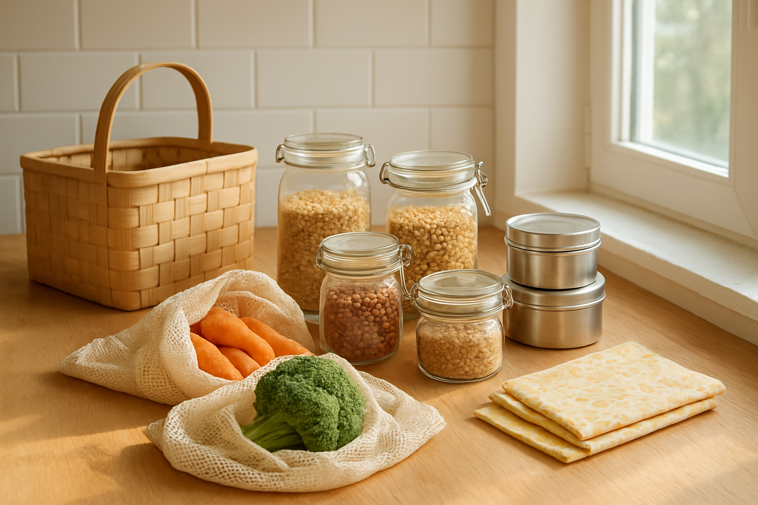 Create a realistic image of a bright, organized kitchen scene showing smart zero-waste shopping strategies with reusable glass jars filled with bulk grains and legumes, mesh produce bags containing fresh vegetables, a bamboo shopping basket, stainless steel containers, and beeswax food wraps neatly arranged on a clean wooden counter, with natural sunlight streaming through a window creating a warm, eco-friendly atmosphere that emphasizes sustainable living practices, absolutely NO text should be in the scene.