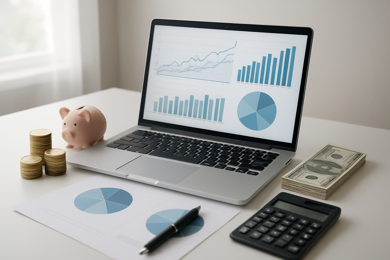 Create a realistic image of a clean, modern workspace featuring a laptop displaying financial charts and graphs, surrounded by various investment symbols including stacks of coins, dollar bills, a small piggy bank, and documents with pie charts showing portfolio diversification, with a calculator and pen nearby on a white desk, soft natural lighting from a window, calm and professional atmosphere suggesting financial planning and low-risk investments, absolutely NO text should be in the scene.