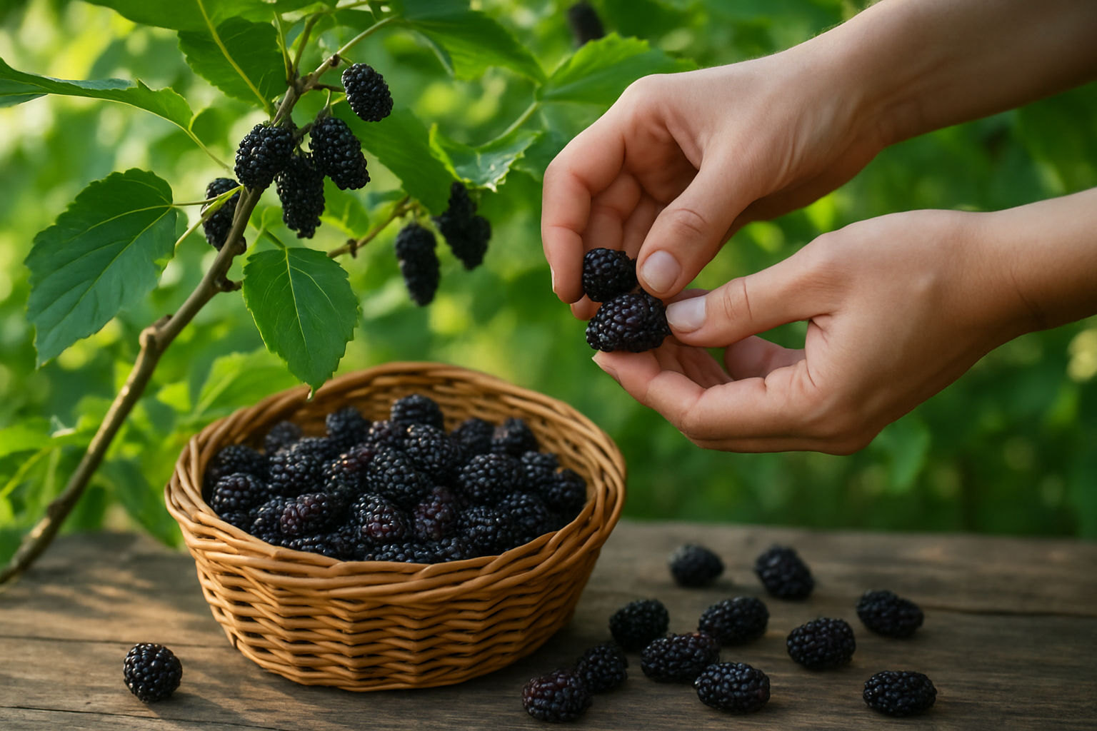 Create a realistic image of fresh ripe dark purple mulberries being harvested, showing hands gently picking the berries from green mulberry tree branches, with a wicker basket filled with freshly picked mulberries nearby, and some scattered mulberries on a rustic wooden surface, natural outdoor lighting filtering through leaves, close-up view highlighting the texture and deep color of the berries, absolutely NO text should be in the scene.