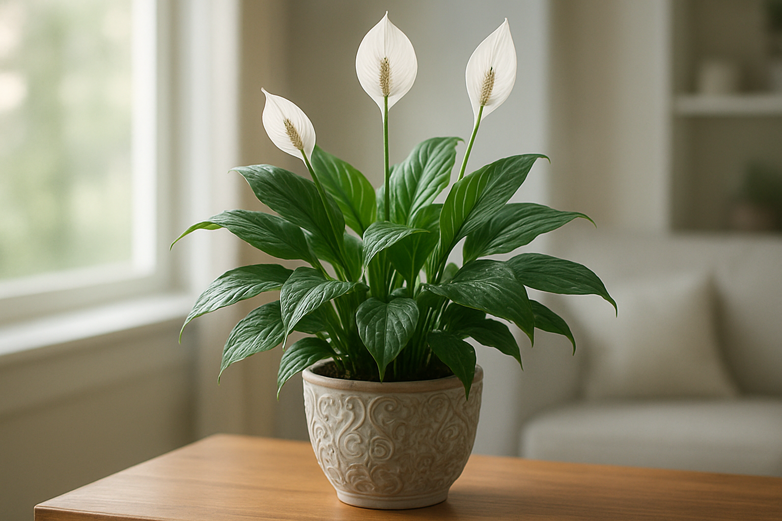 Create a realistic image of a healthy Peace Lily plant with elegant white flowers and glossy dark green leaves sitting in a decorative pot on a wooden table near a bright window, with soft natural lighting illuminating the plant, subtle water droplets visible on some leaves indicating moisture control, clean indoor air with a slight ethereal glow around the plant suggesting air purification properties, modern home interior background with soft focus, serene and fresh atmosphere, absolutely NO text should be in the scene.