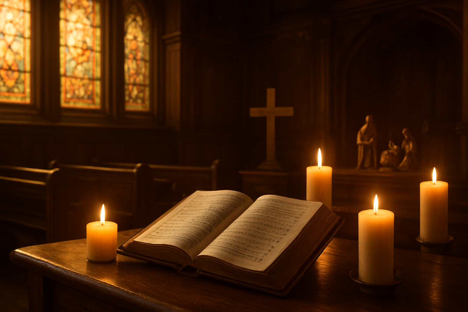 Create a realistic image of an ornate wooden church interior with warm golden lighting streaming through stained glass windows, featuring a leather-bound hymnal open on a wooden pew, surrounded by flickering candles, with religious symbols like a wooden cross and nativity figurines softly illuminated in the background, capturing a peaceful and reverent atmosphere that conveys spiritual devotion and traditional Christmas worship, absolutely NO text should be in the scene.