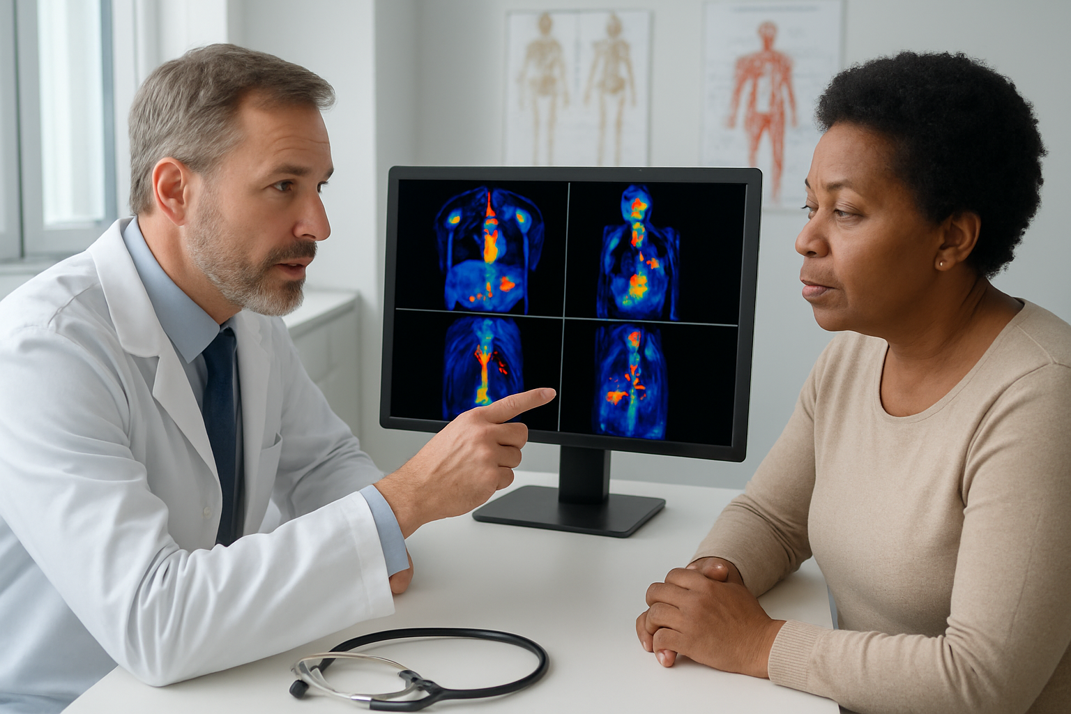 Create a realistic image of a white male doctor in his 40s wearing a white coat sitting across from a middle-aged black female patient at a modern medical office desk, with the doctor pointing to PET scan images displayed on a computer monitor showing colorful body scan results, while having a consultation discussion in a well-lit clinical setting with medical charts and a stethoscope visible on the desk, absolutely NO text should be in the scene.